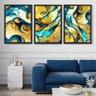 Abstract Yellow and Blue Fluid Shapes Set of 3 Art Prints in Black Frames | Artze UK