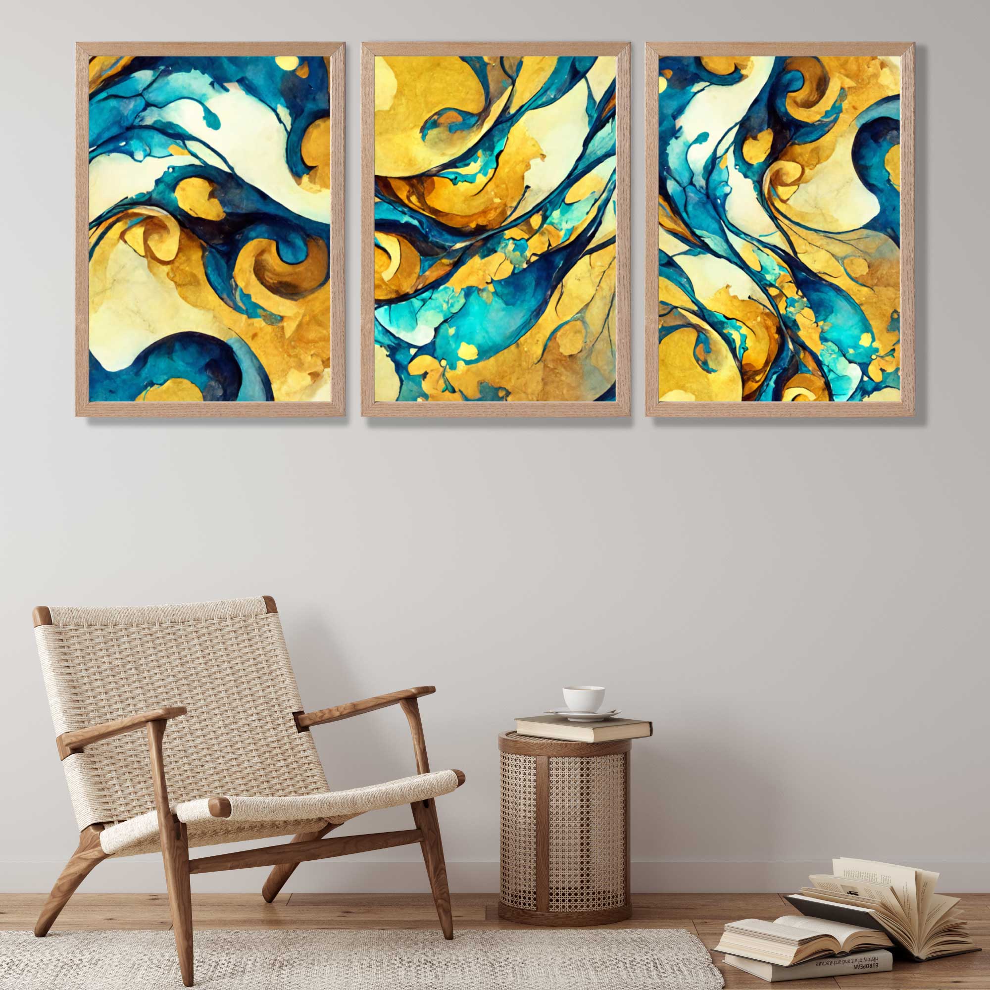 Abstract Yellow and Blue Fluid Shapes Set of 3 Art Prints in Oak Frames | Artze UK