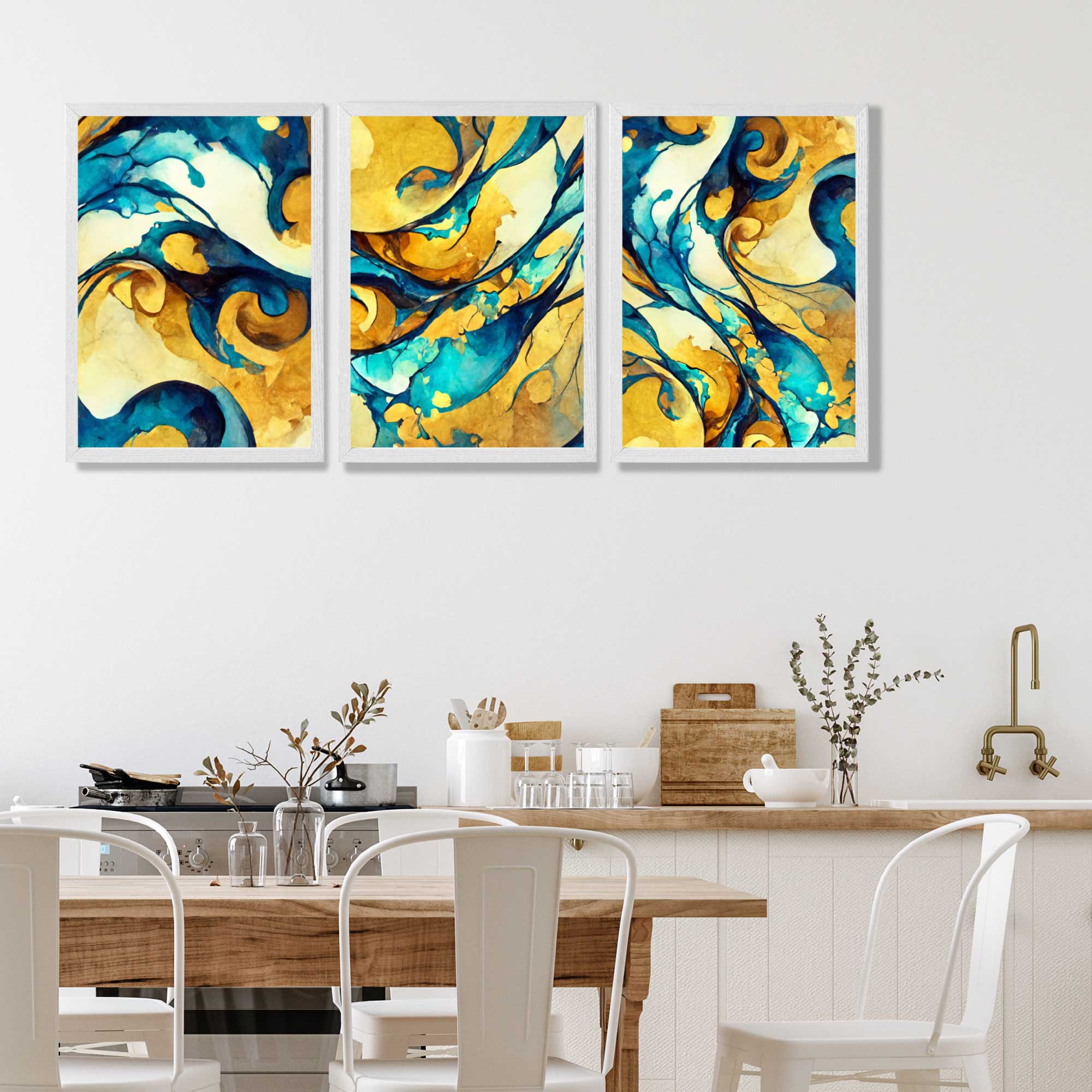 Abstract Yellow and Blue Fluid Shapes Set of 3 Art Prints in White Frames | Artze UK