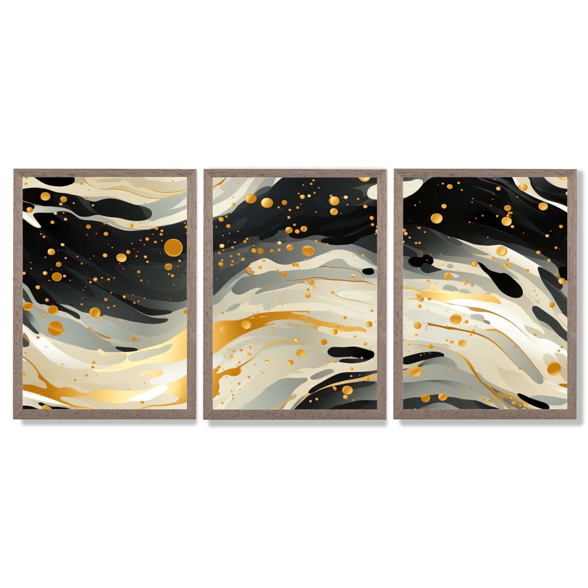 Abstract Modern Black and Yellow Set of 3 Framed Art Prints with Light Walnut Frames
