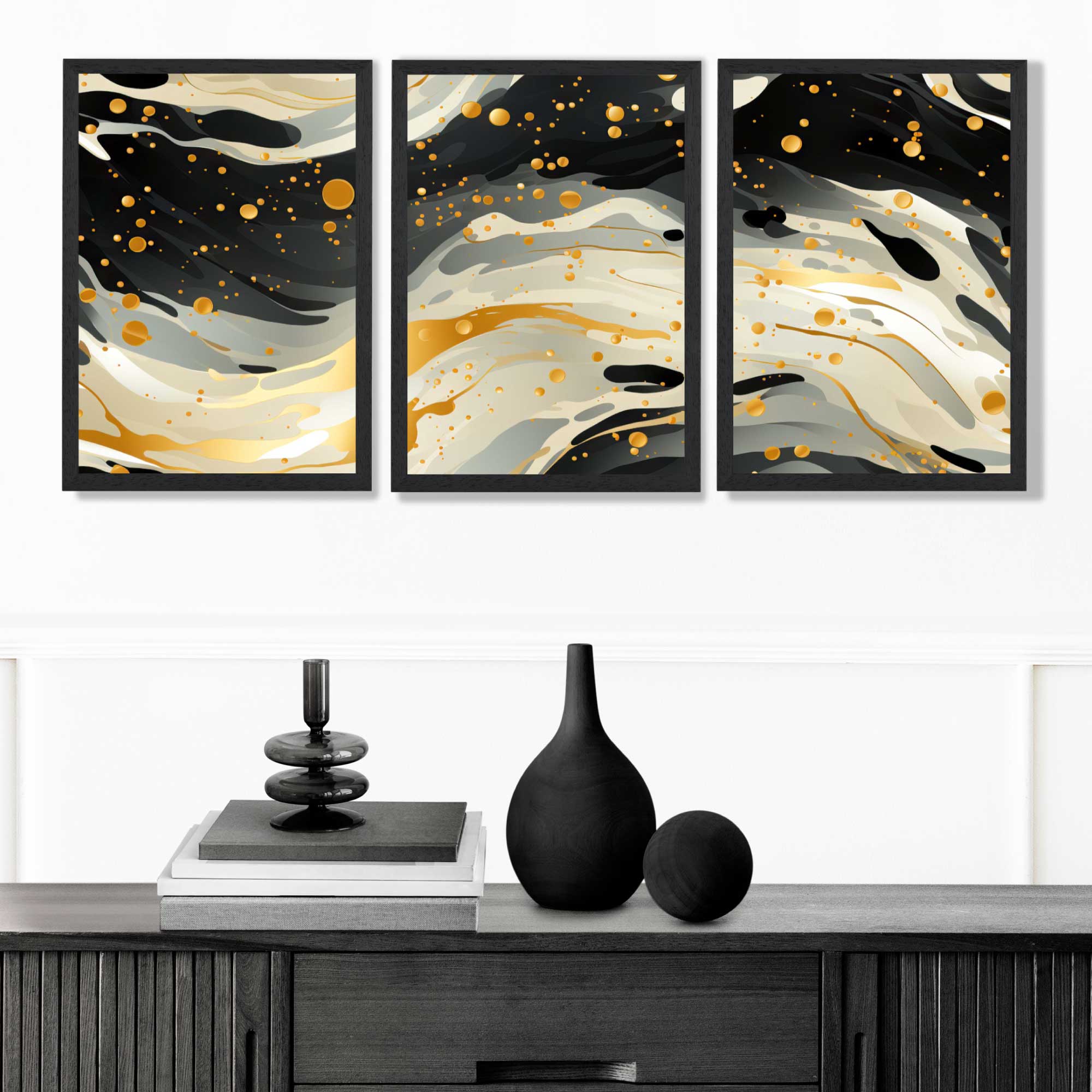 Abstract Modern Black and Yellow Set of 3 Art Prints in Black Frames | Artze UK
