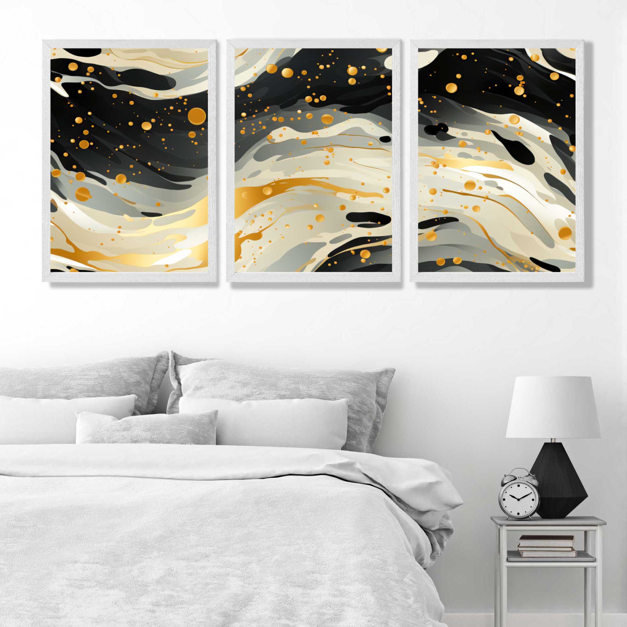 Abstract Modern Black and Yellow Set of 3 Art Prints in White Frames | Artze UK