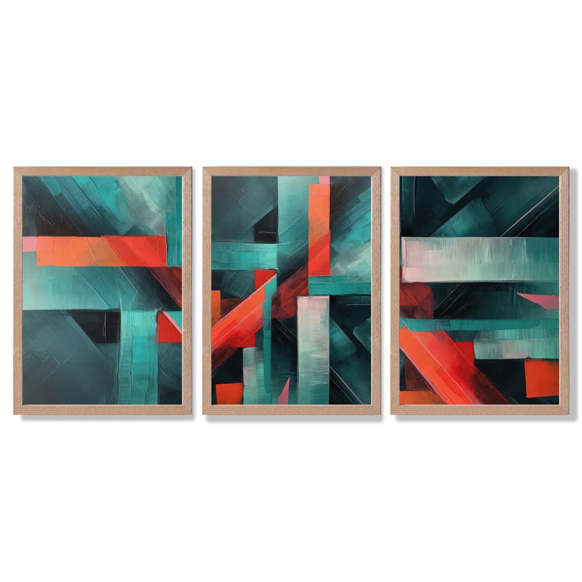 Abstract Modern Teal Blue and Red Geometric Framed Art Prints with Light Oak Frames