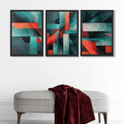 Abstract Modern Teal Blue and Red Geometric Art Prints in Black Frames | Artze UK