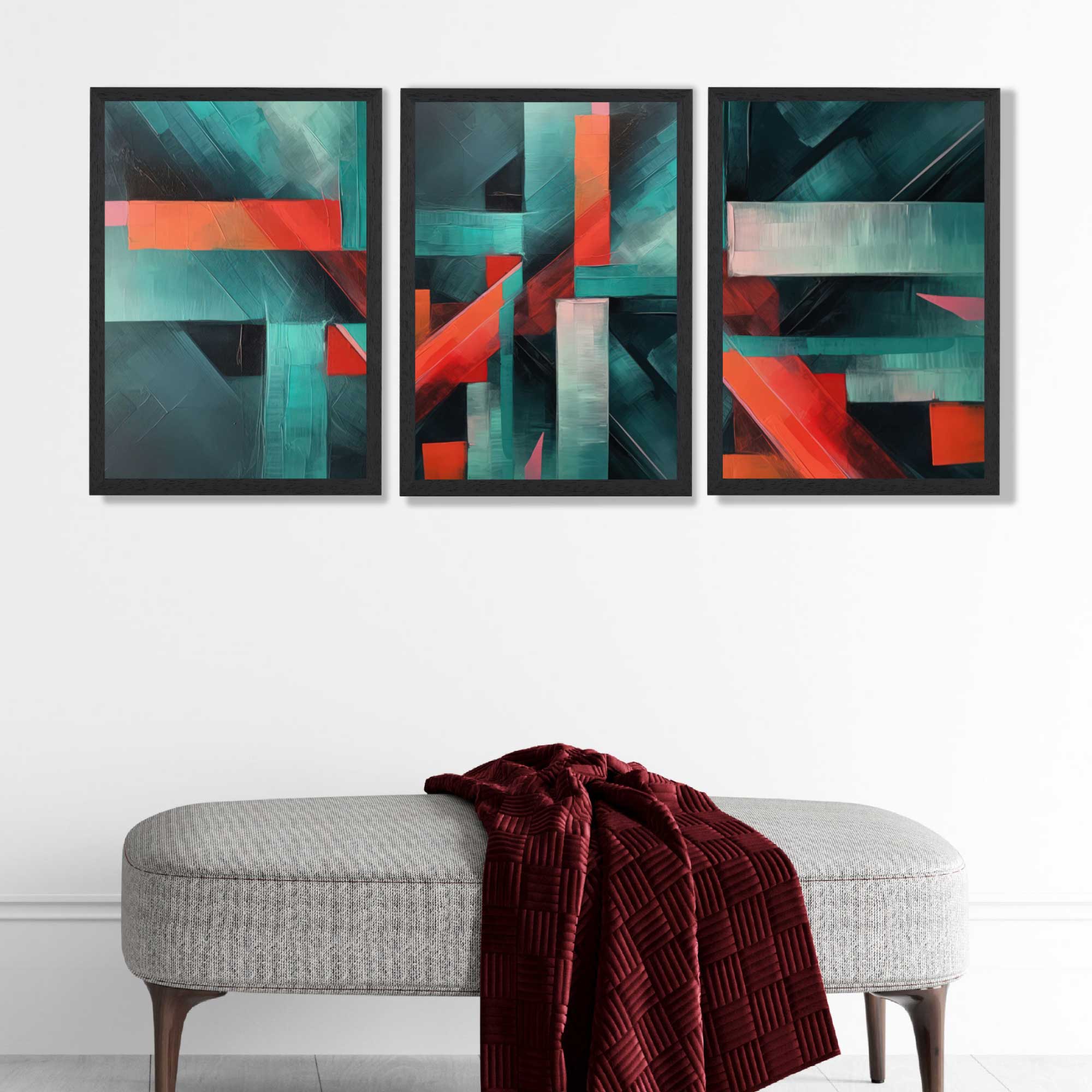 Abstract Modern Teal Blue and Red Geometric Art Prints in Black Frames | Artze UK