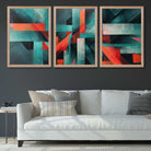 Abstract Modern Teal Blue and Red Geometric Art Prints in Oak Frames | Artze UK