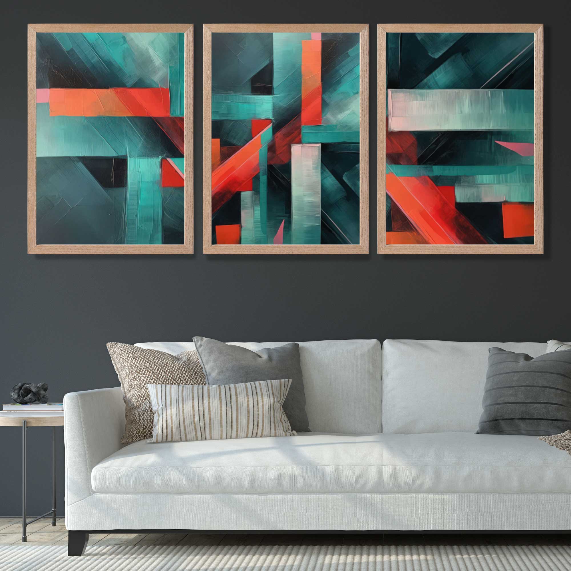 Abstract Modern Teal Blue and Red Geometric Art Prints in Oak Frames | Artze UK