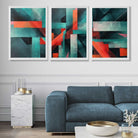 Abstract Modern Teal Blue and Red Geometric Art Prints in White Frames | Artze UK