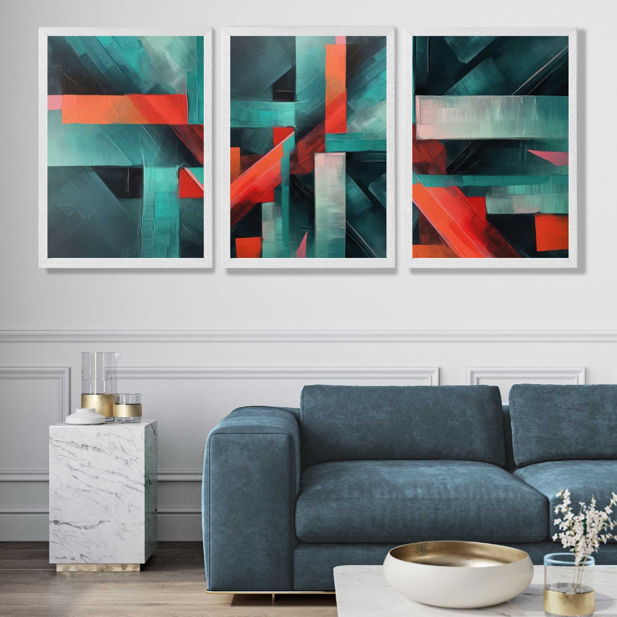 Abstract Modern Teal Blue and Red Geometric Art Prints in White Frames | Artze UK