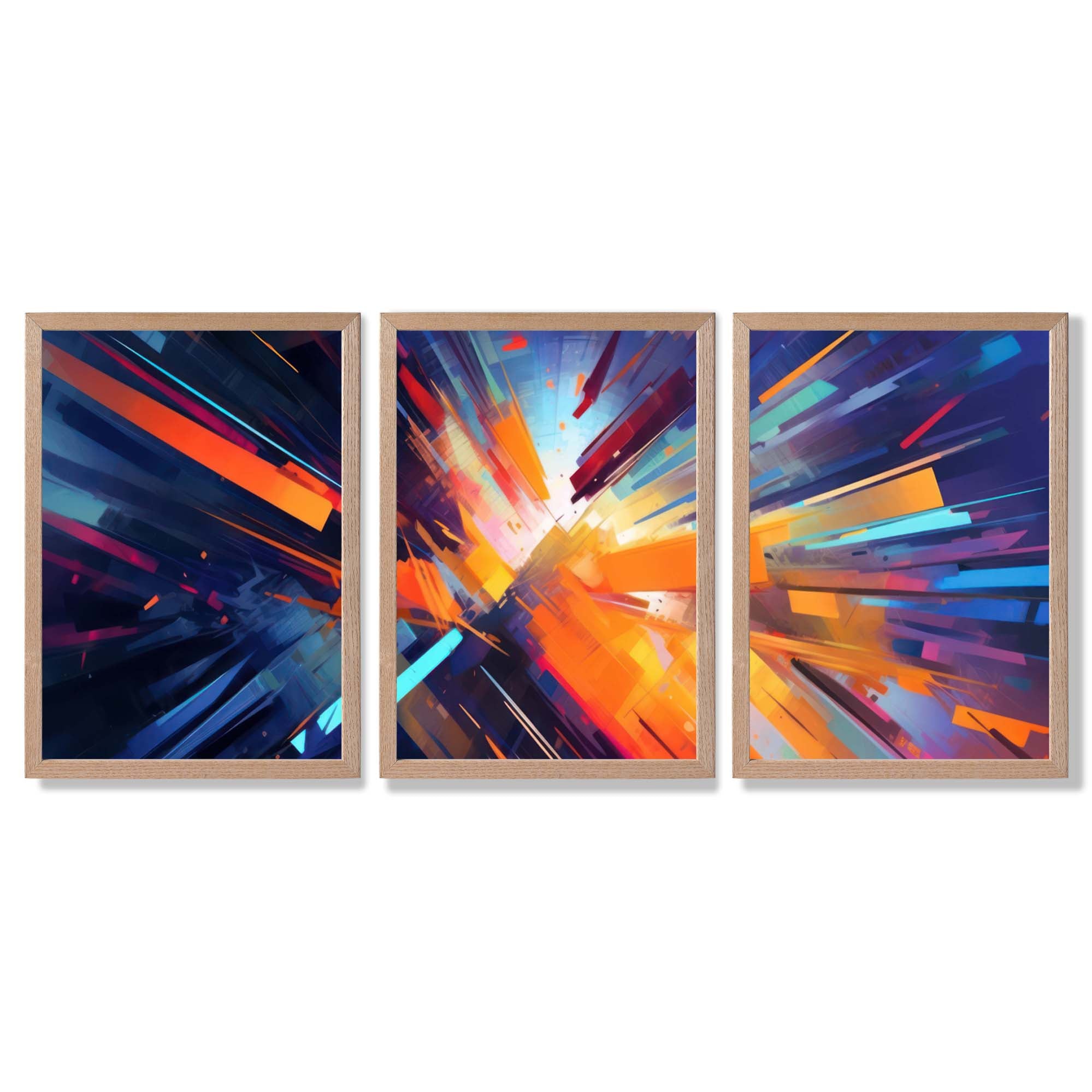 Abstract Modern Purple and Orange Geometric Framed Art Prints with Light Oak Frames