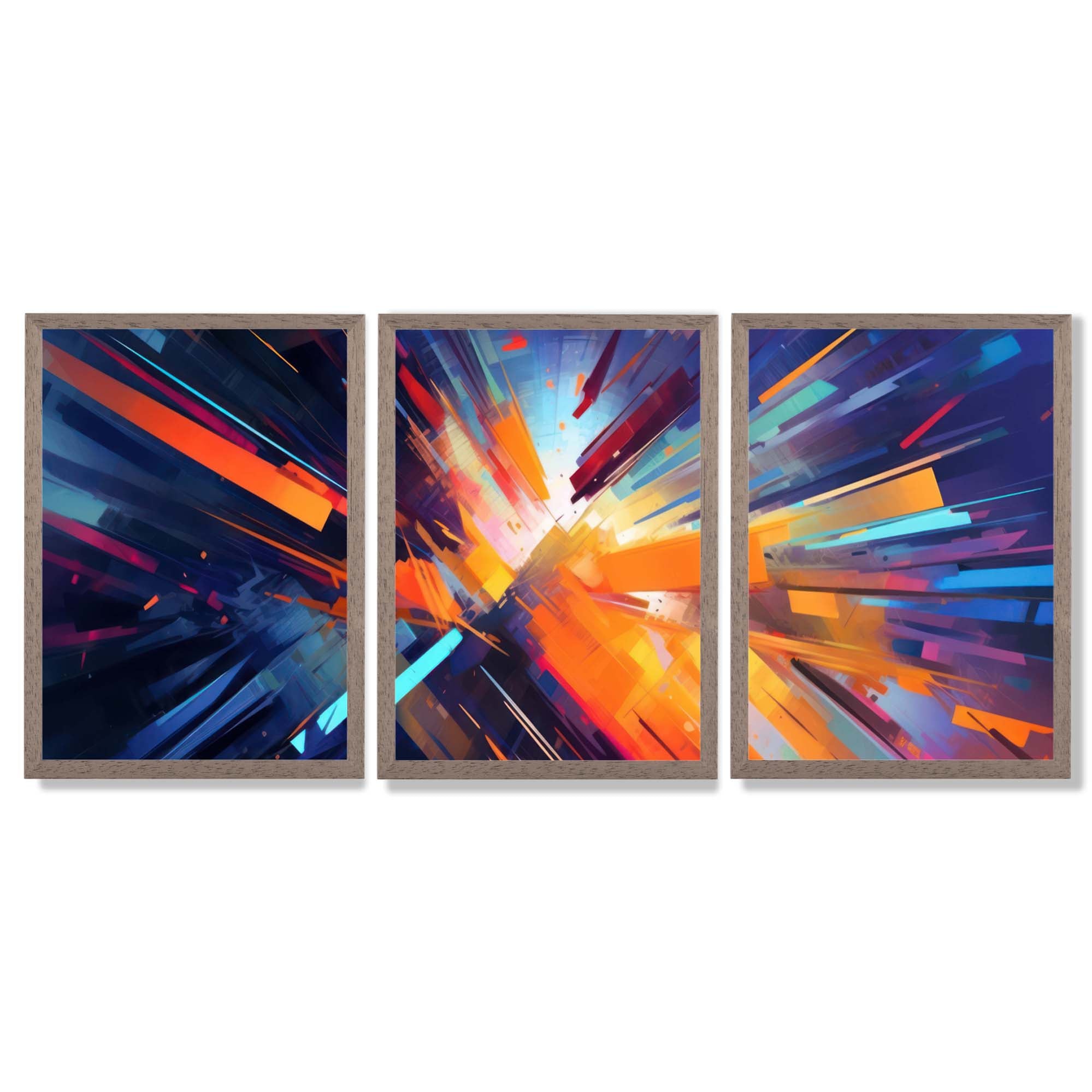 Abstract Modern Purple and Orange Geometric Framed Art Prints with Light Walnut Frames