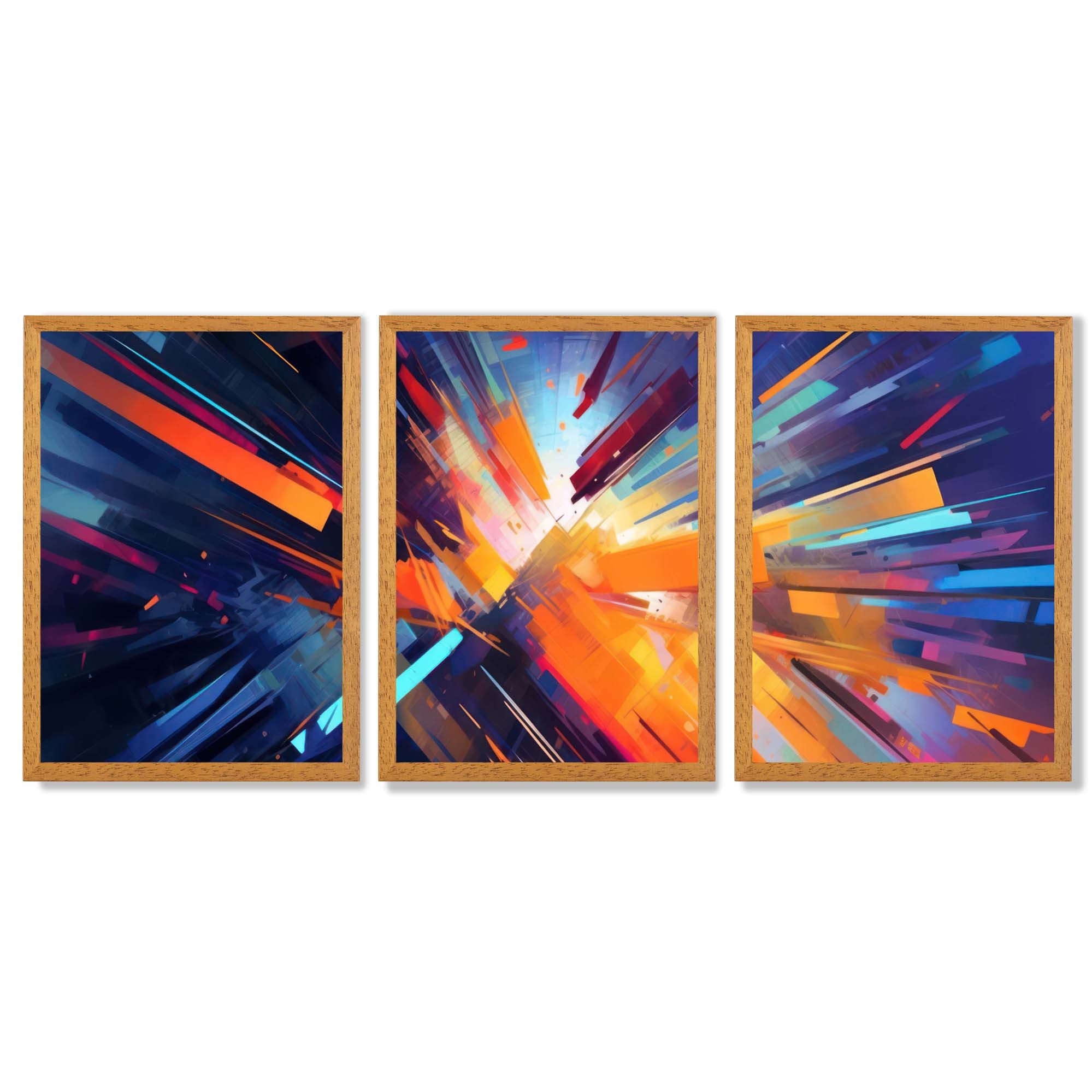 Abstract Modern Purple and Orange Geometric Framed Art Prints with Oak Wooden Frames