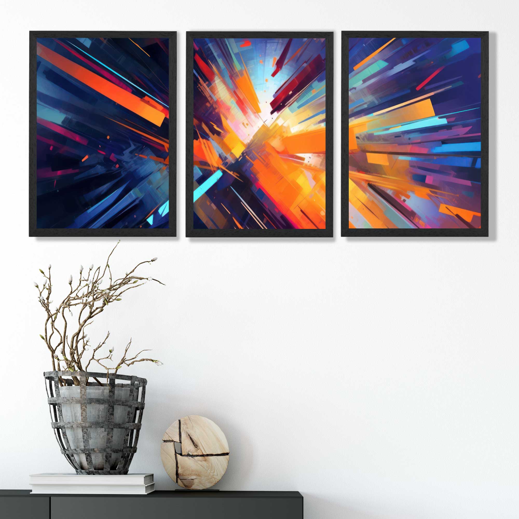 Abstract Modern Purple and Orange Geometric Art Prints in Black Frames | Artze UK