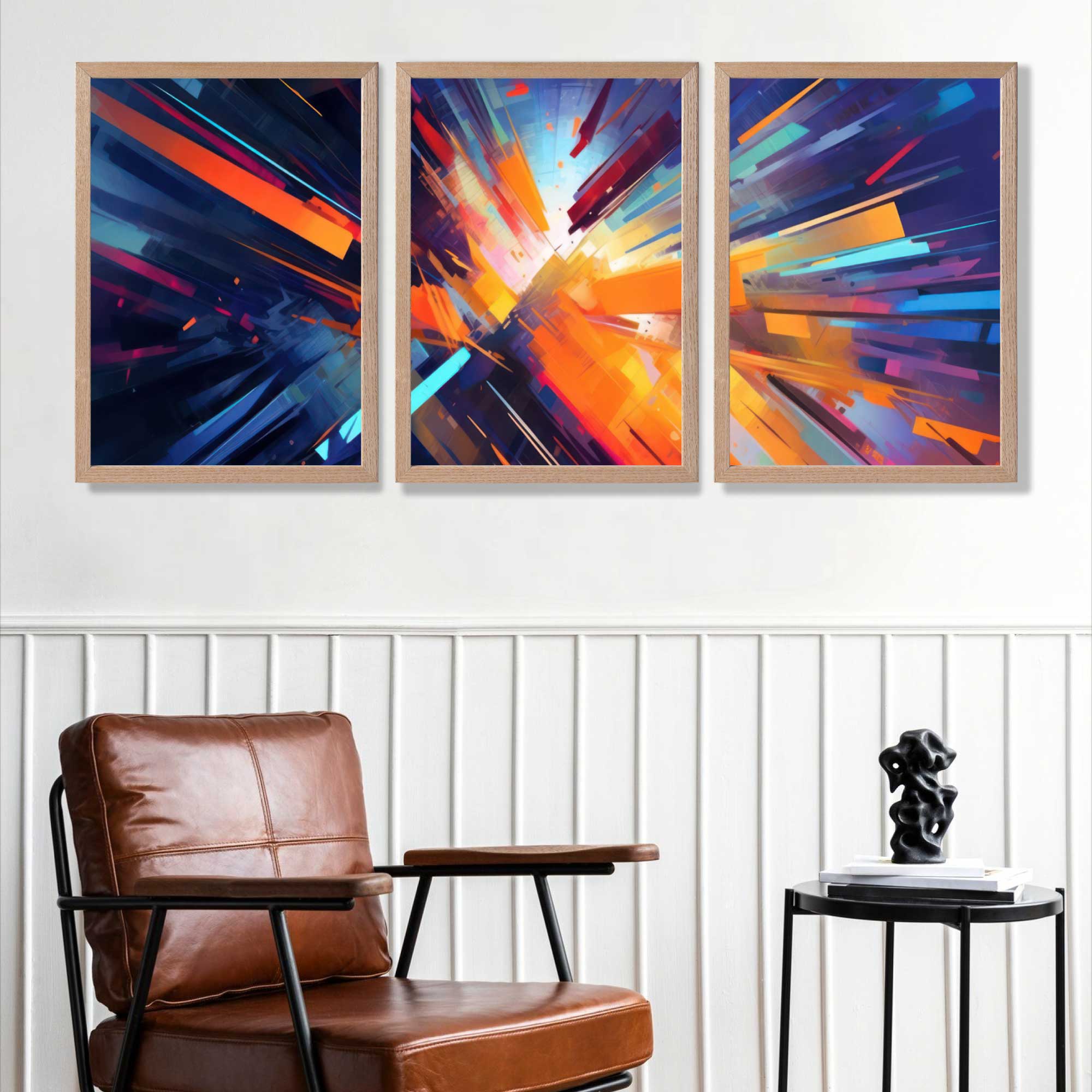 Abstract Modern Purple and Orange Geometric Art Prints in Oak Frames | Artze UK