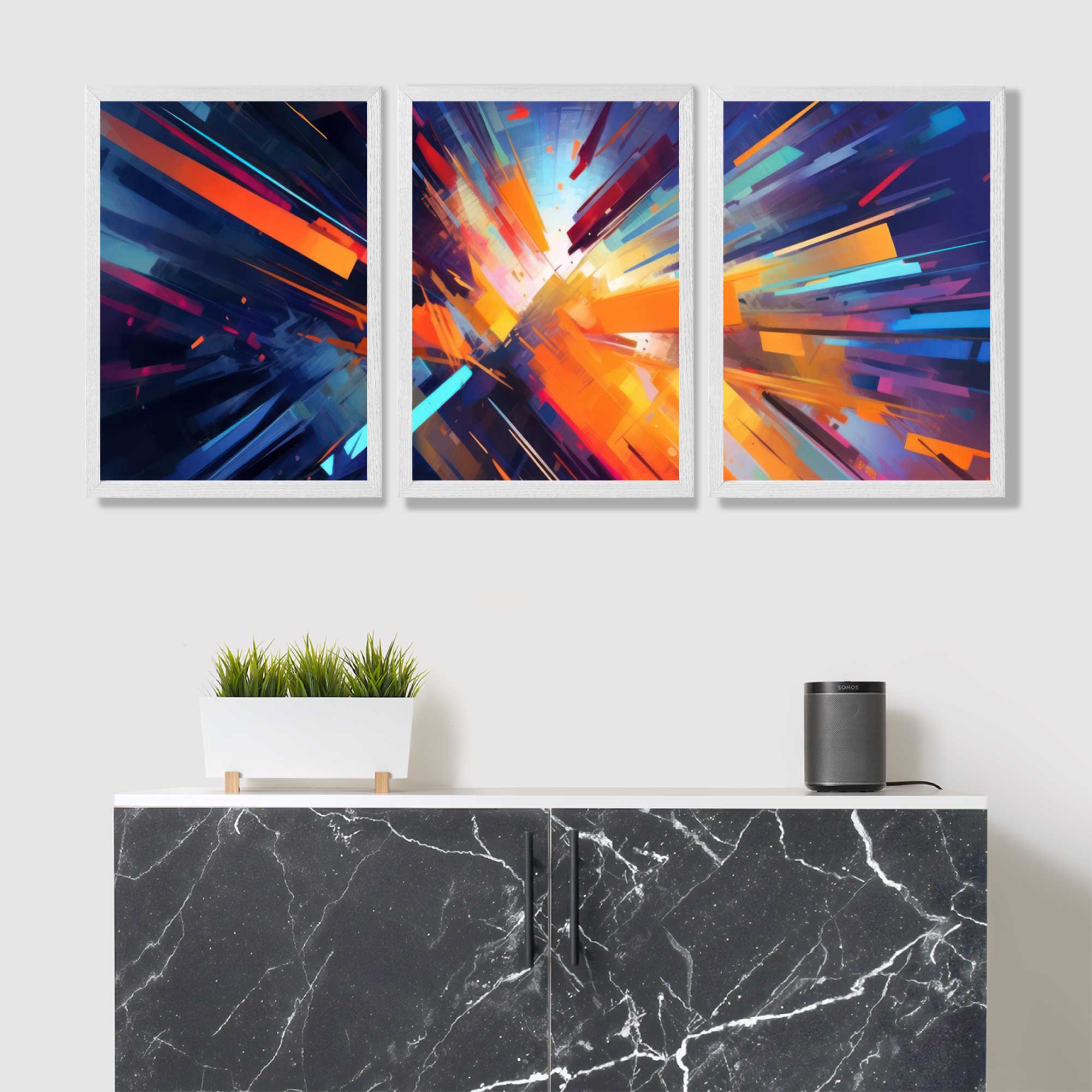 Abstract Modern Purple and Orange Geometric Art Prints in White Frames | Artze UK