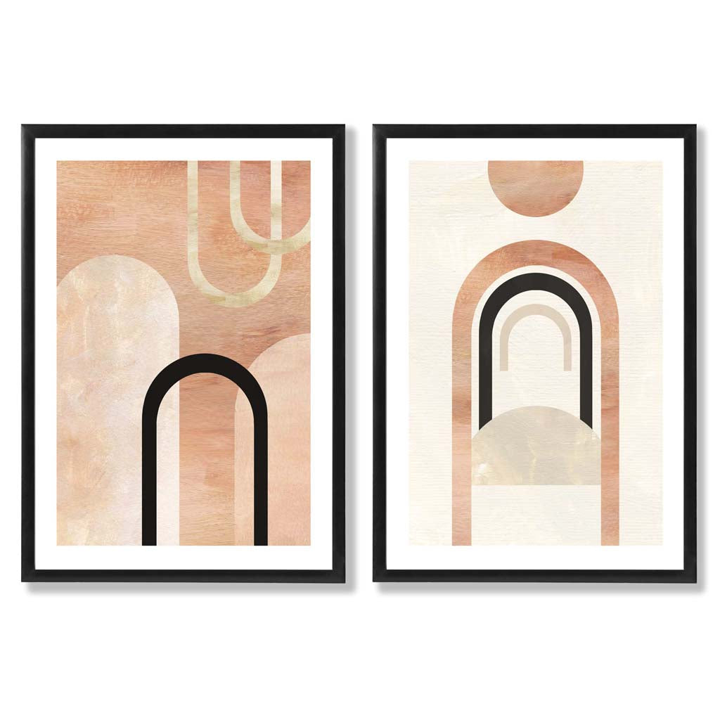 Mid Century Arches in Orange Black Set of 2 Art Prints with Black Frame