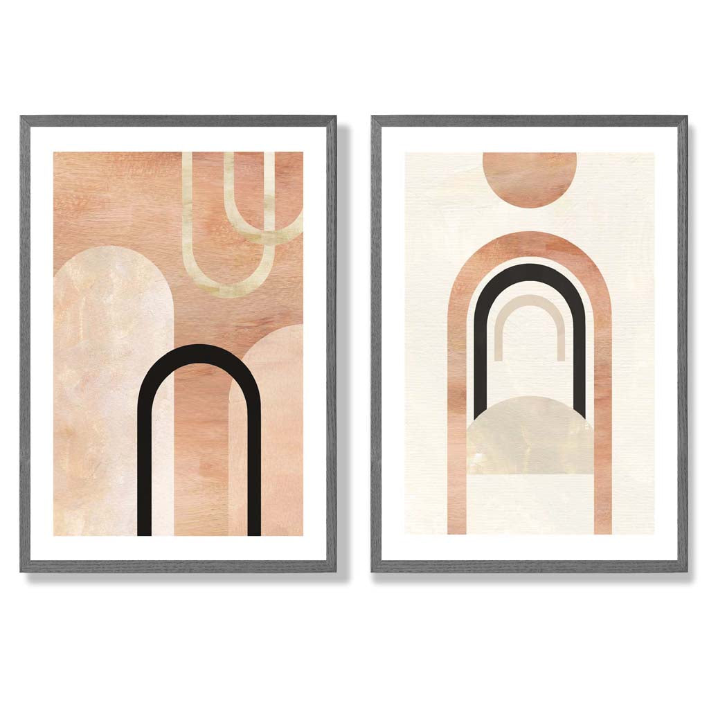 Mid Century Arches in Orange Black Set of 2 Art Prints with Dark Grey Frame