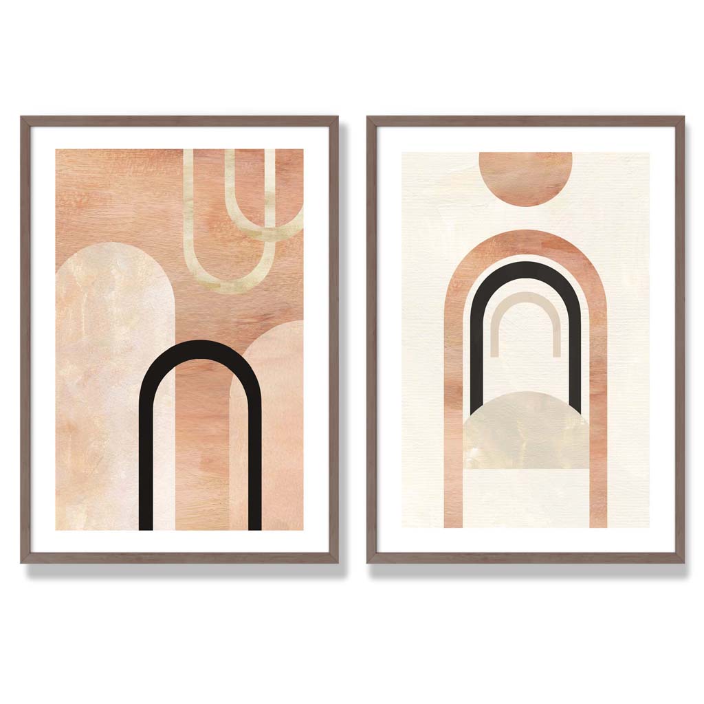 Mid Century Arches in Orange Black Set of 2 Art Prints with Walnut Frame