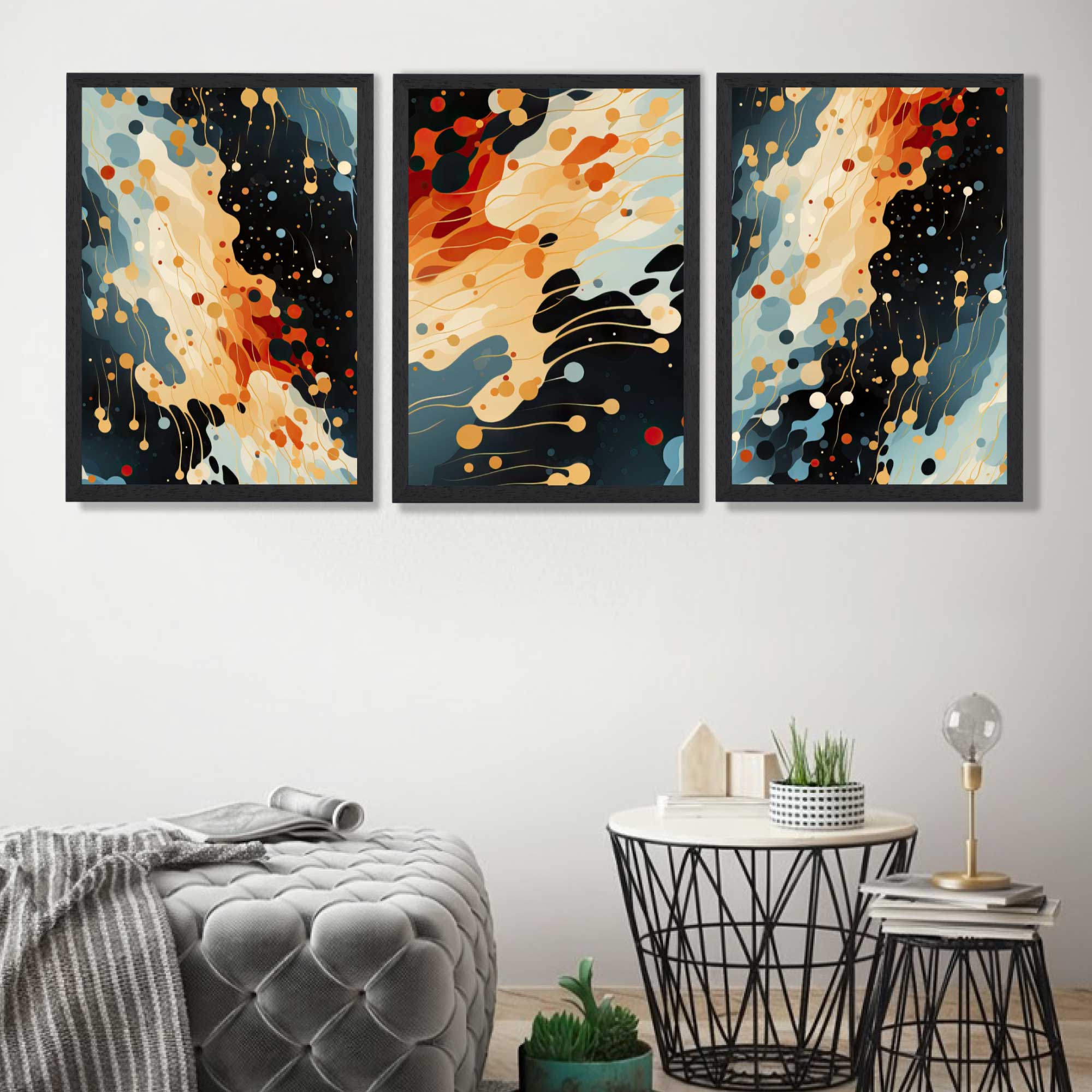 Abstract Modern Blue and Orange Set of 3 Art Prints in Black Frames | Artze UK