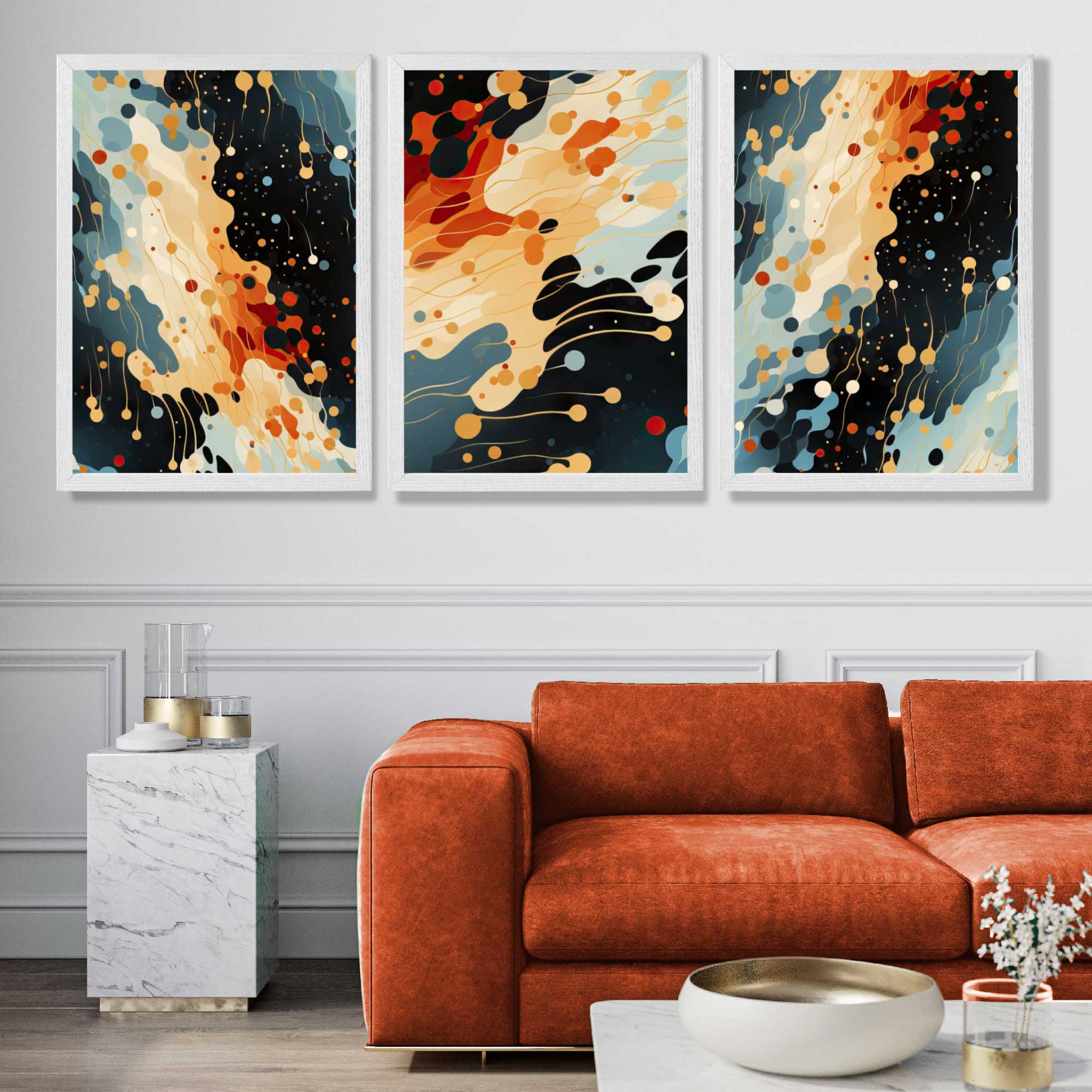 Abstract Modern Blue and Orange Set of 3 Art Prints in White Frames | Artze UK