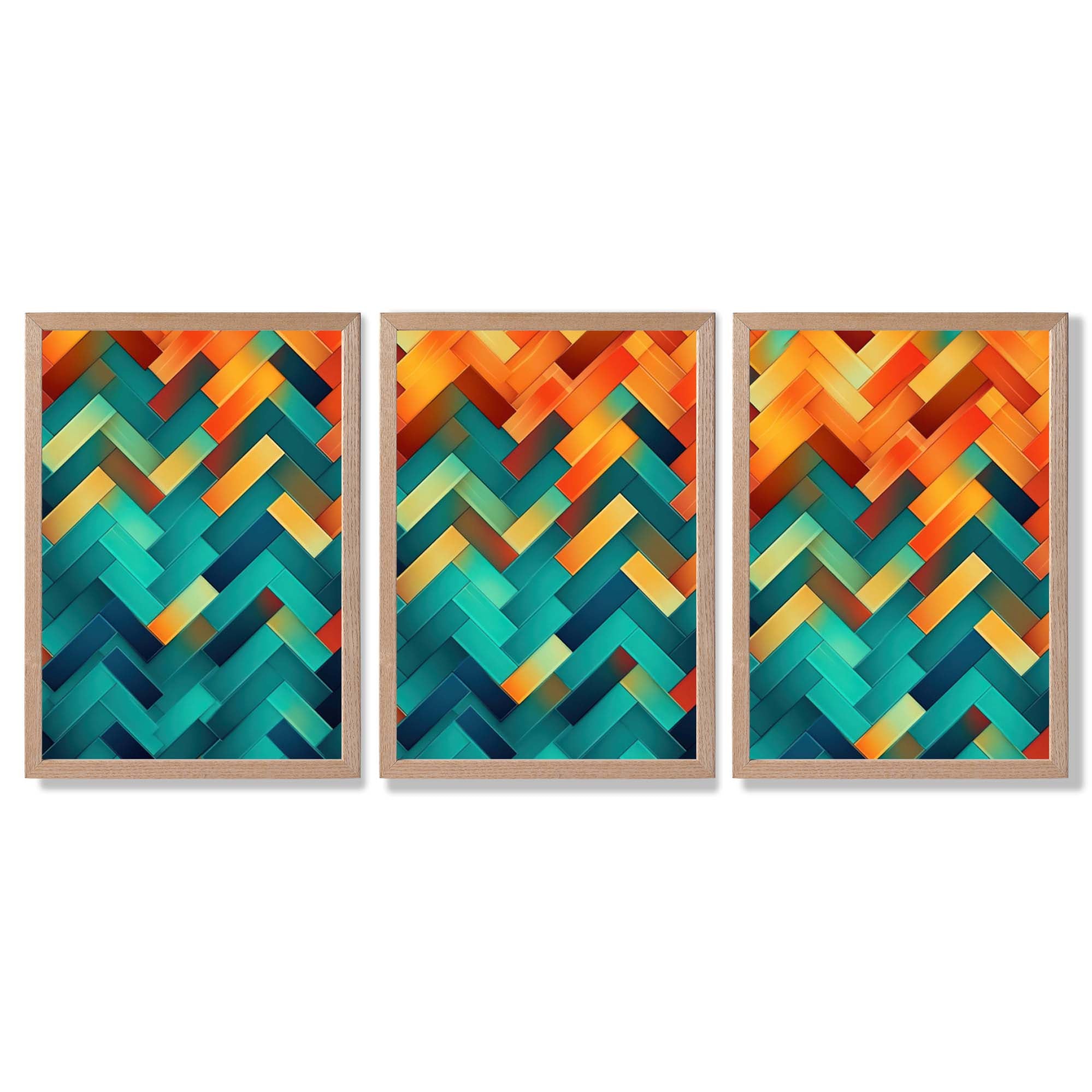 Abstract Colourful Herringbone Set of 3 Framed Art Prints with Light Oak Frames