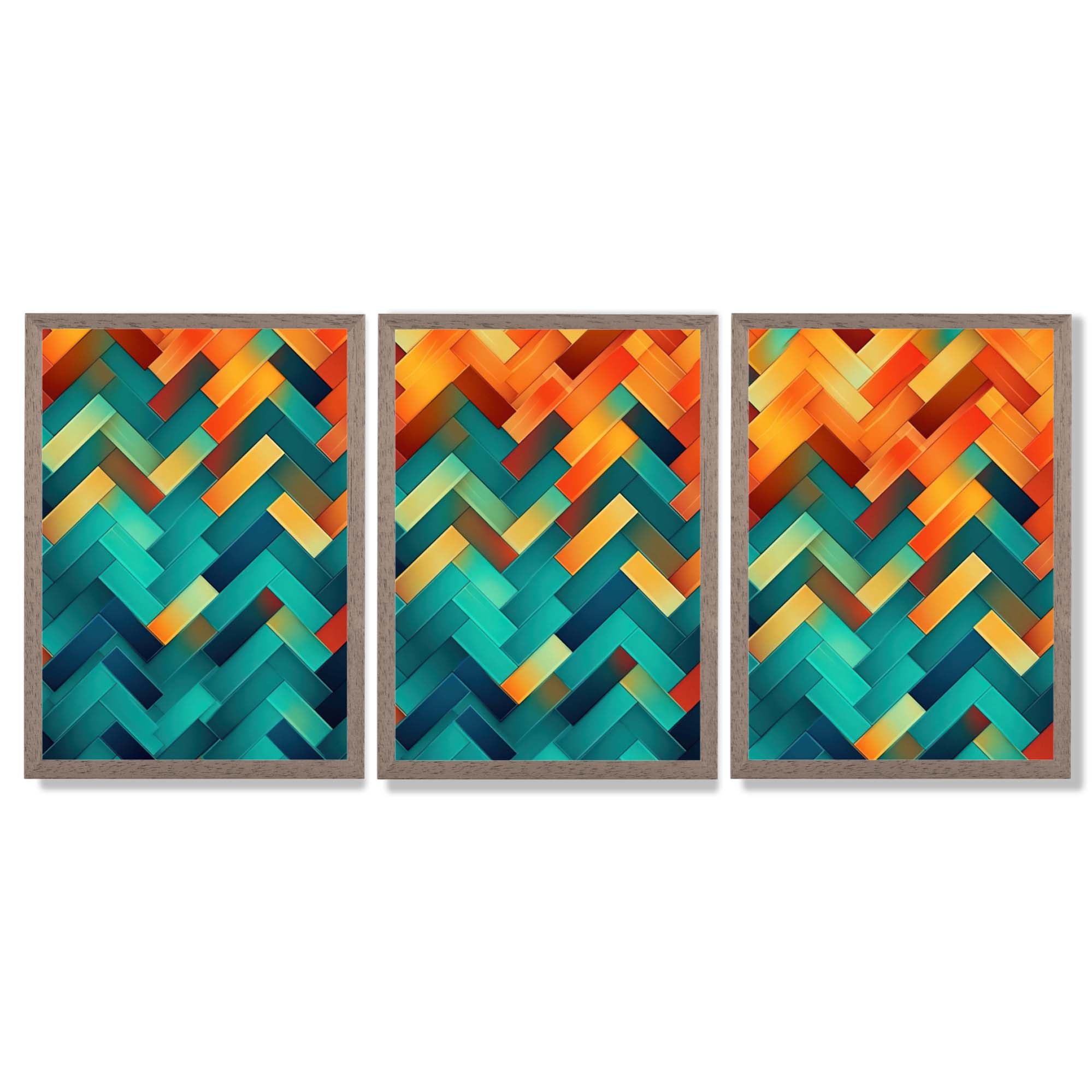 Abstract Colourful Herringbone Set of 3 Framed Art Prints with Light Walnut Frames
