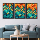 Abstract Colourful Herringbone Set of 3 Art Prints in Black Frames | Artze UK