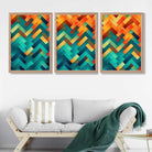 Abstract Colourful Herringbone Set of 3 Art Prints in Oak Frames | Artze UK