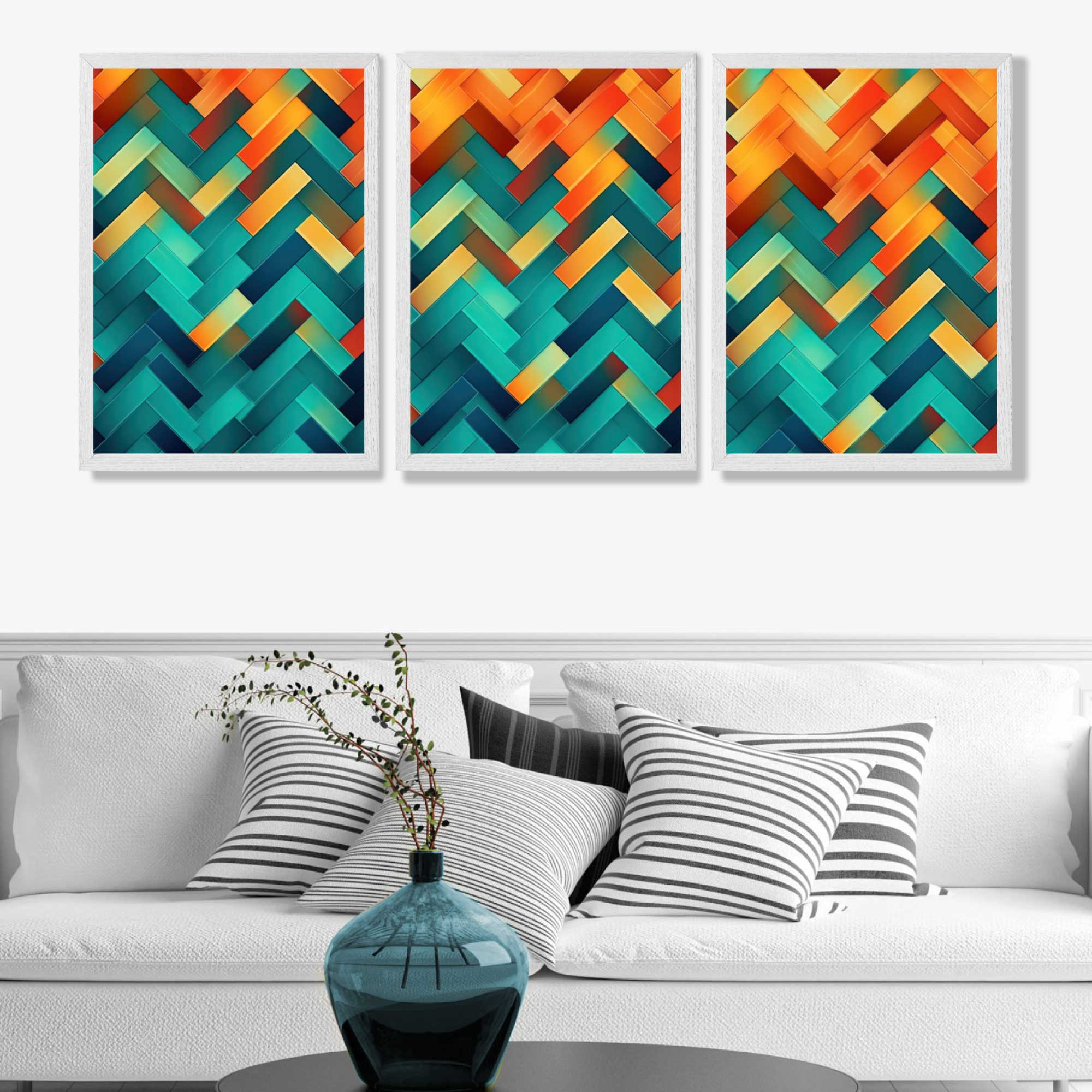 Abstract Colourful Herringbone Set of 3 Art Prints in White Frames | Artze UK