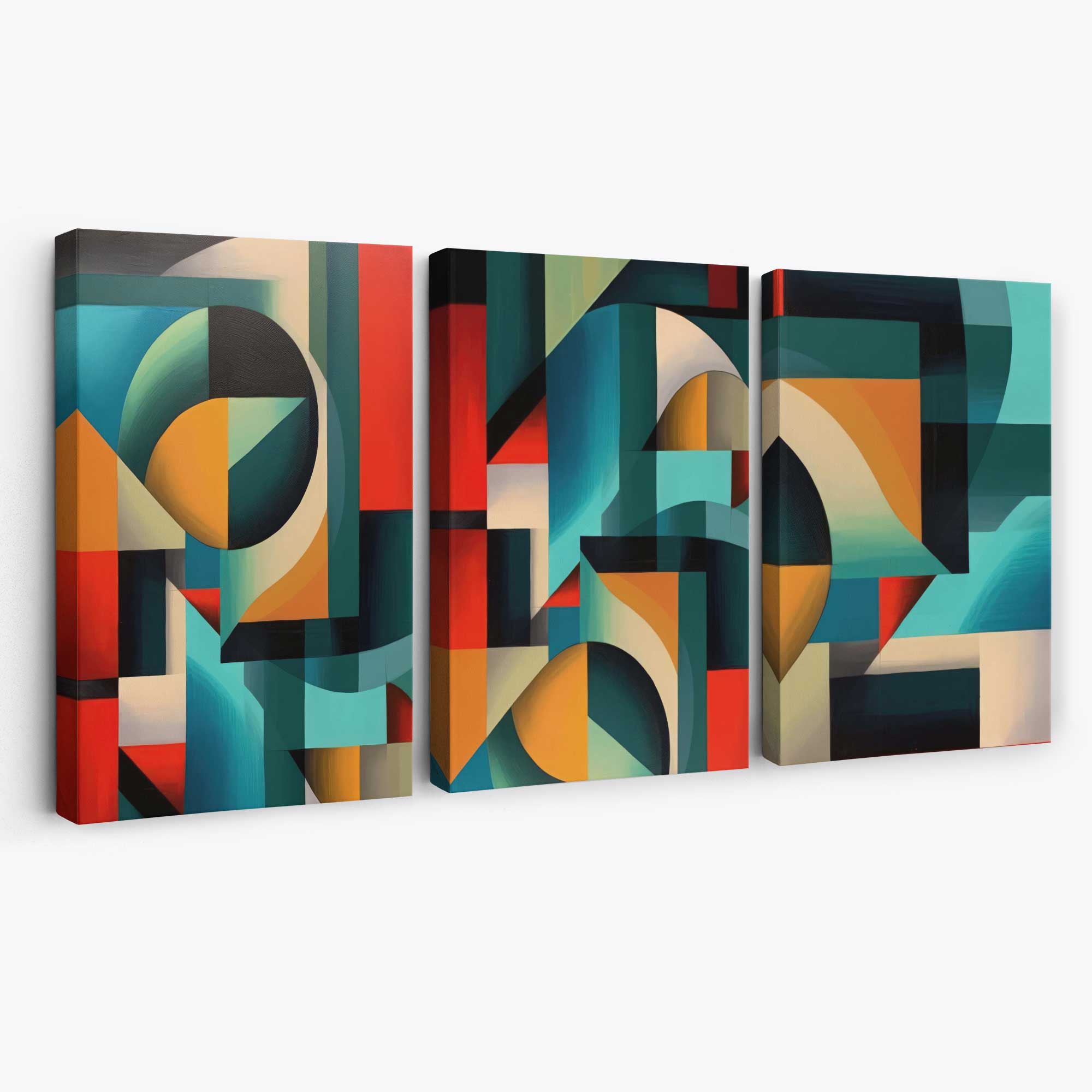 Abstract Cubism Red and Yellow Set of 3 Canvas Art Prints | Artze Wall Art