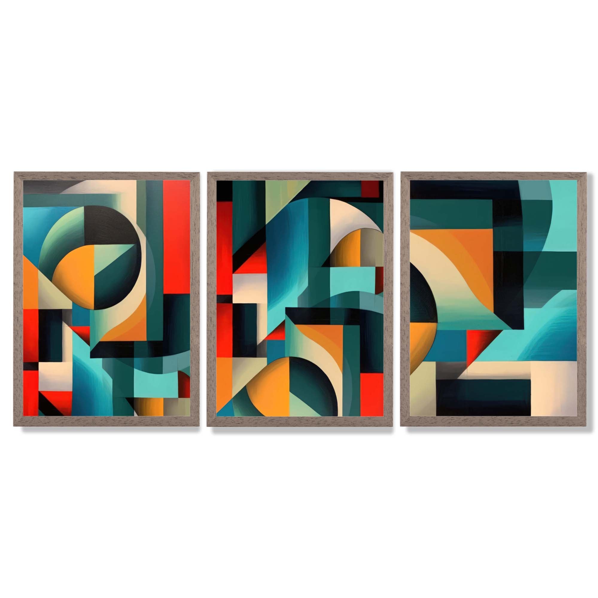 Abstract Cubism Red and Yellow Set of 3 Framed Art Prints with Light Walnut Frames