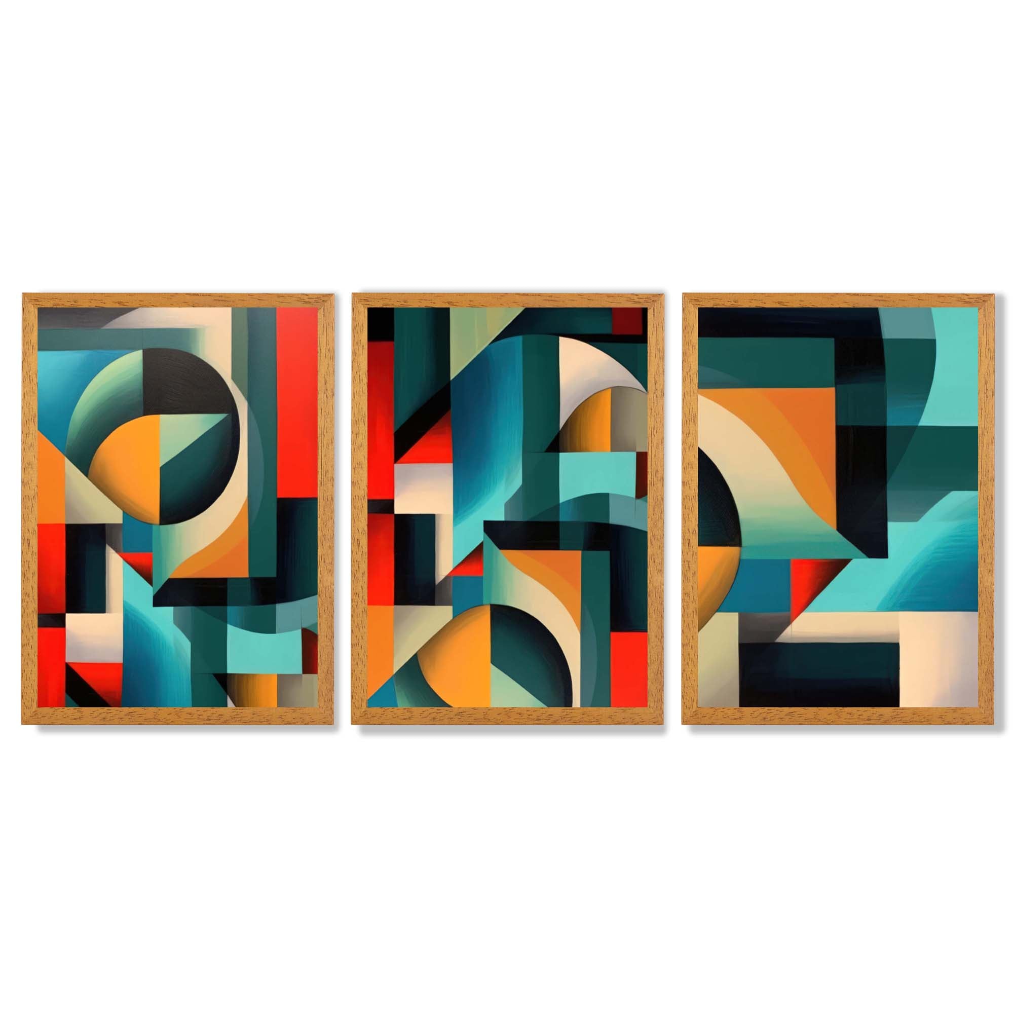 Abstract Cubism Red and Yellow Set of 3 Framed Art Prints with Oak Wooden Frames