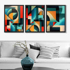 Abstract Cubism Red and Yellow Set of 3 Art Prints in Black Frames | Artze UK