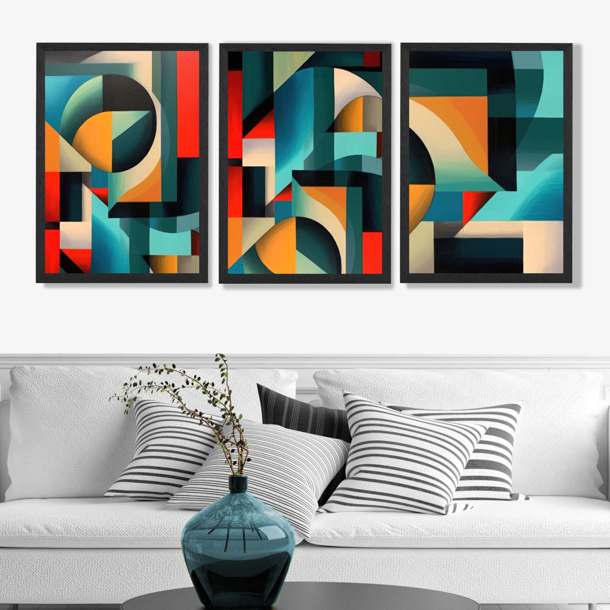 Abstract Cubism Red and Yellow Set of 3 Art Prints in Black Frames | Artze UK