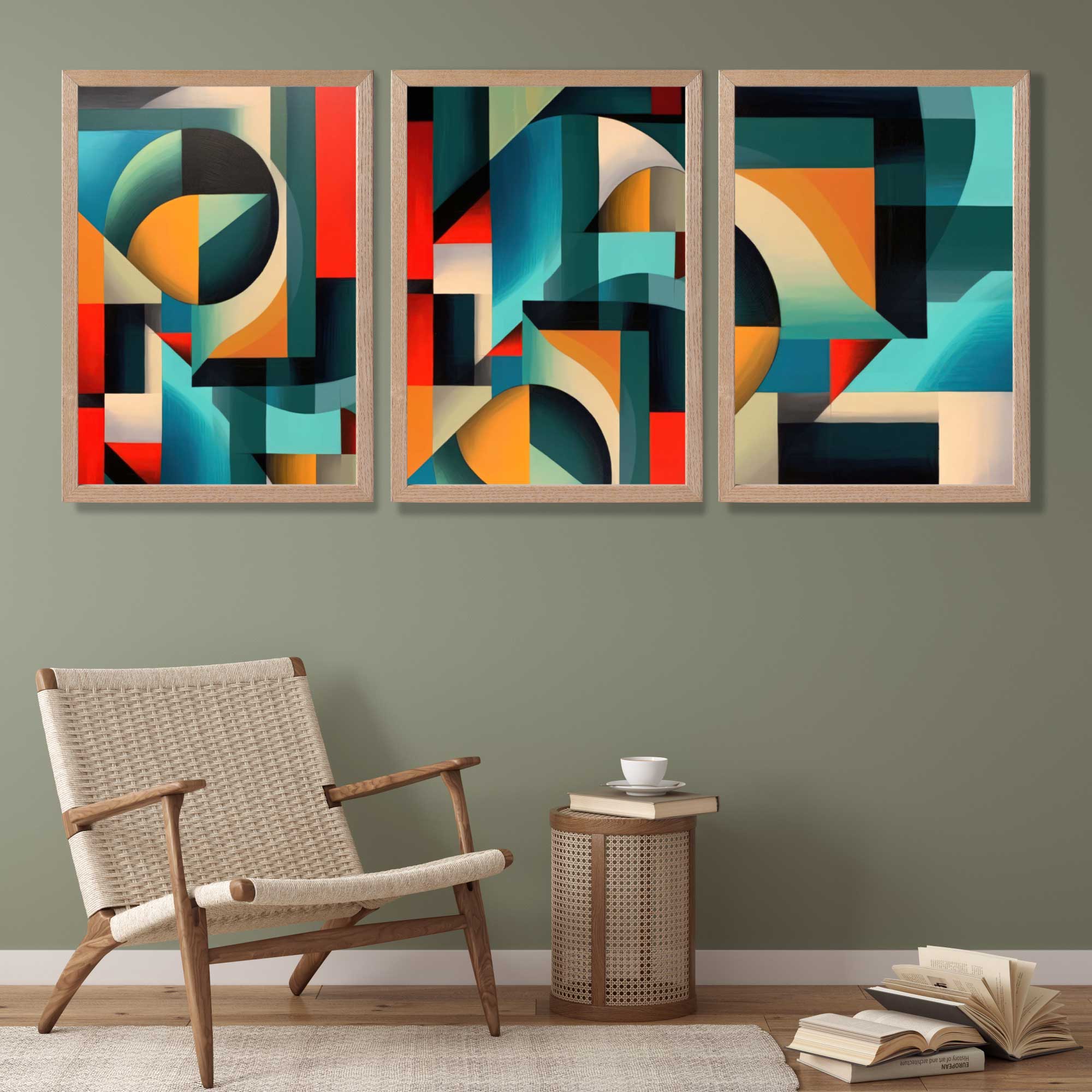 Abstract Cubism Red and Yellow Set of 3 Art Prints in Oak Frames | Artze UK