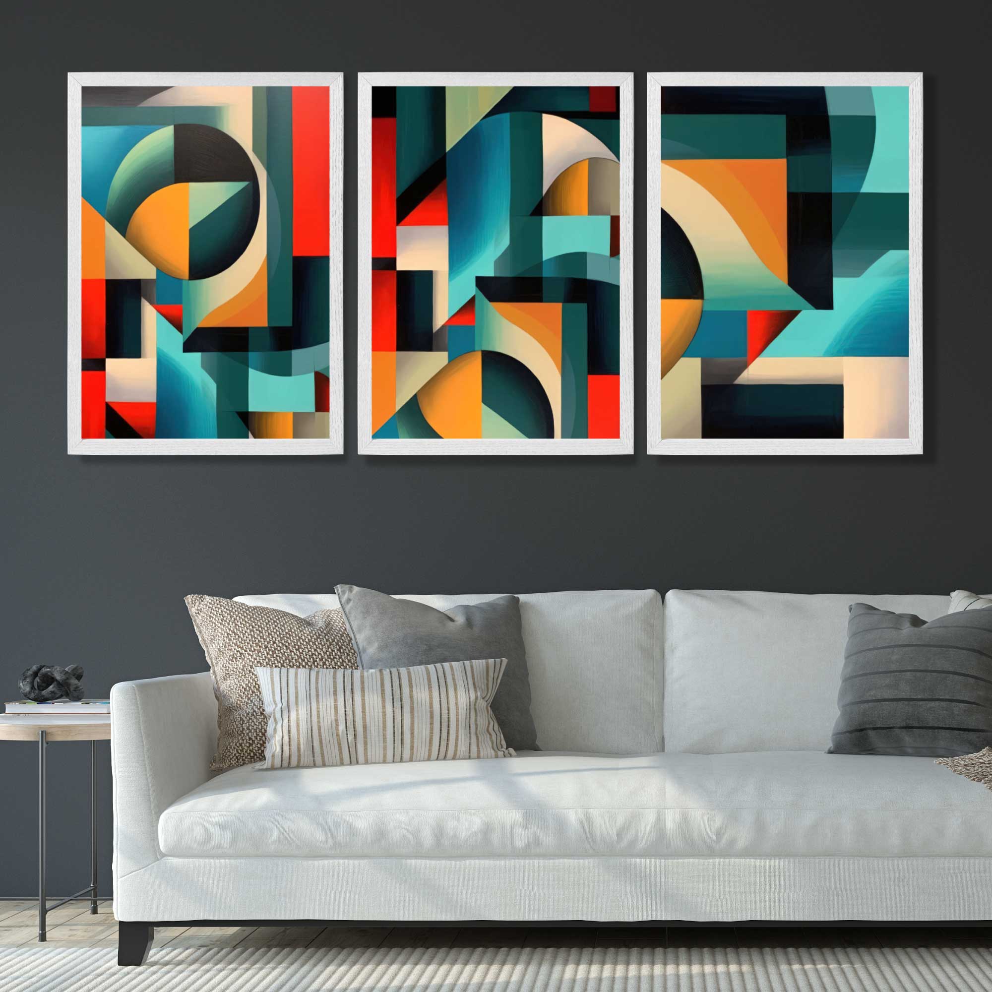 Abstract Cubism Red and Yellow Set of 3 Art Prints in White Frames | Artze UK