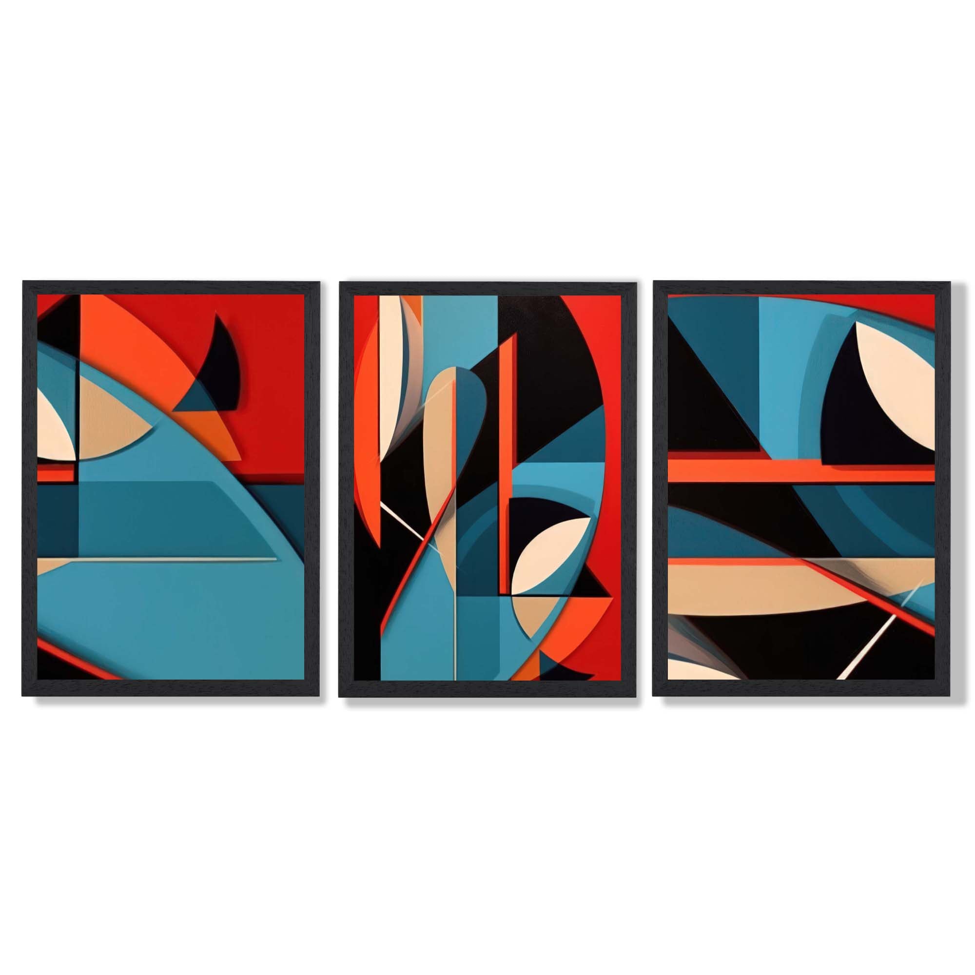 Abstract Cubism Red and Blue Set of 3 Framed Art Prints with Black Wooden Frames