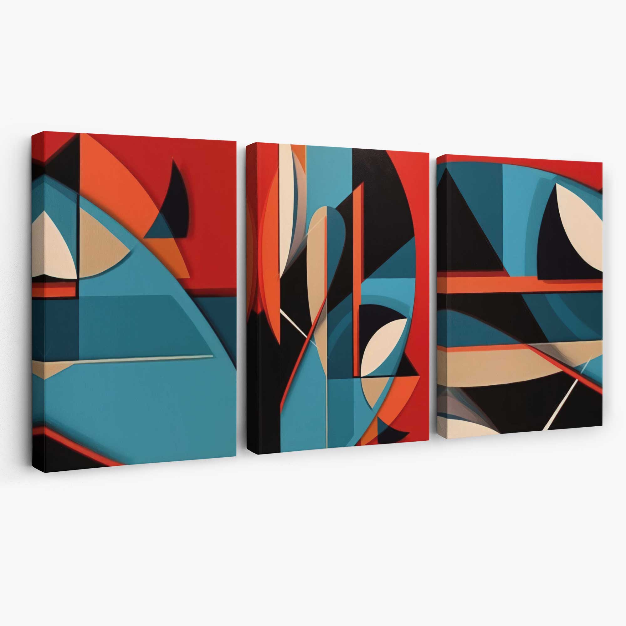 Abstract Cubism Red and Blue Set of 3 Canvas Art Prints | Artze Wall Art