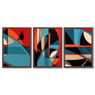Abstract Cubism Red and Blue Set of 3 Framed Art Prints with Dark Wood Frames