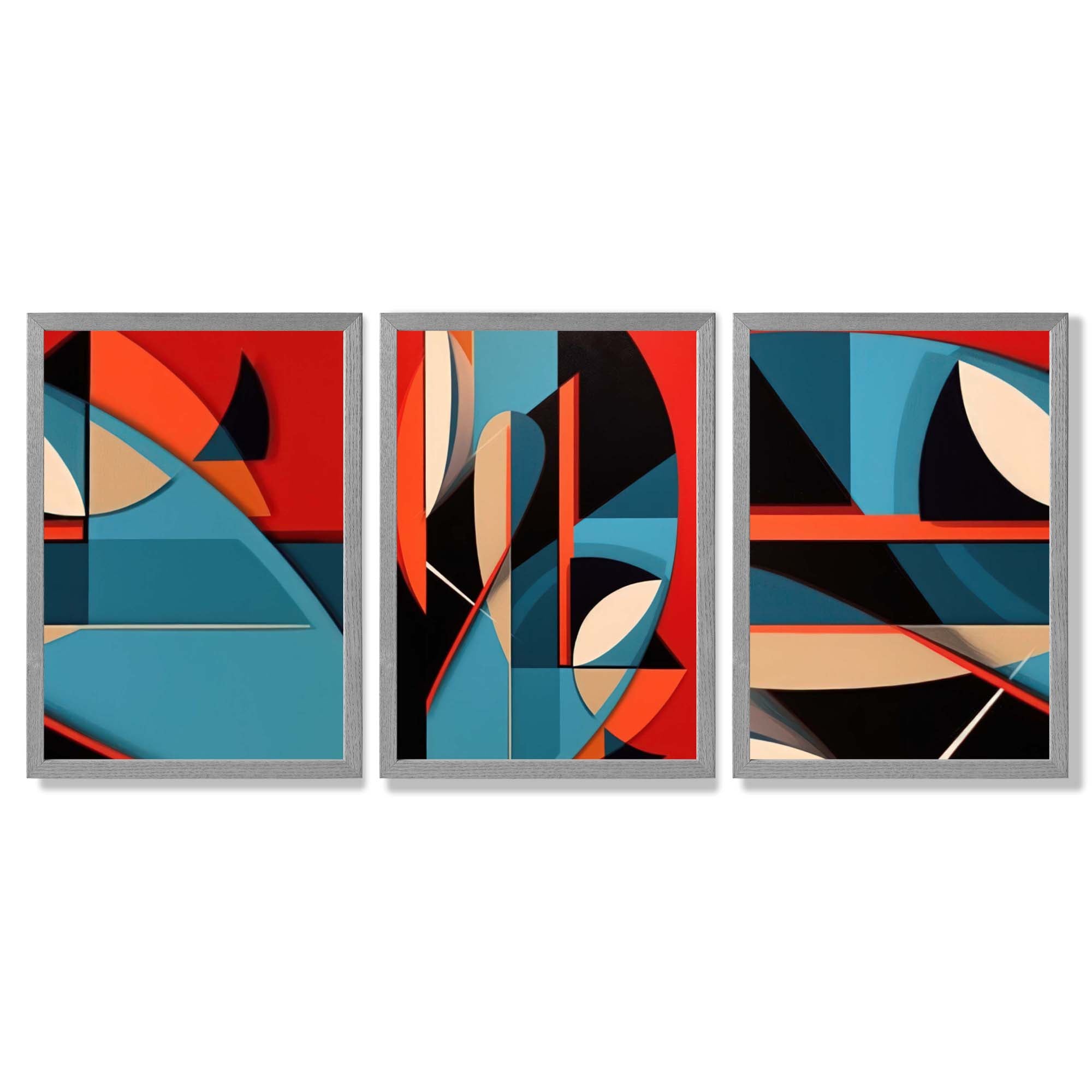 Abstract Cubism Red and Blue Set of 3 Framed Art Prints with Light Grey Wooden Frames