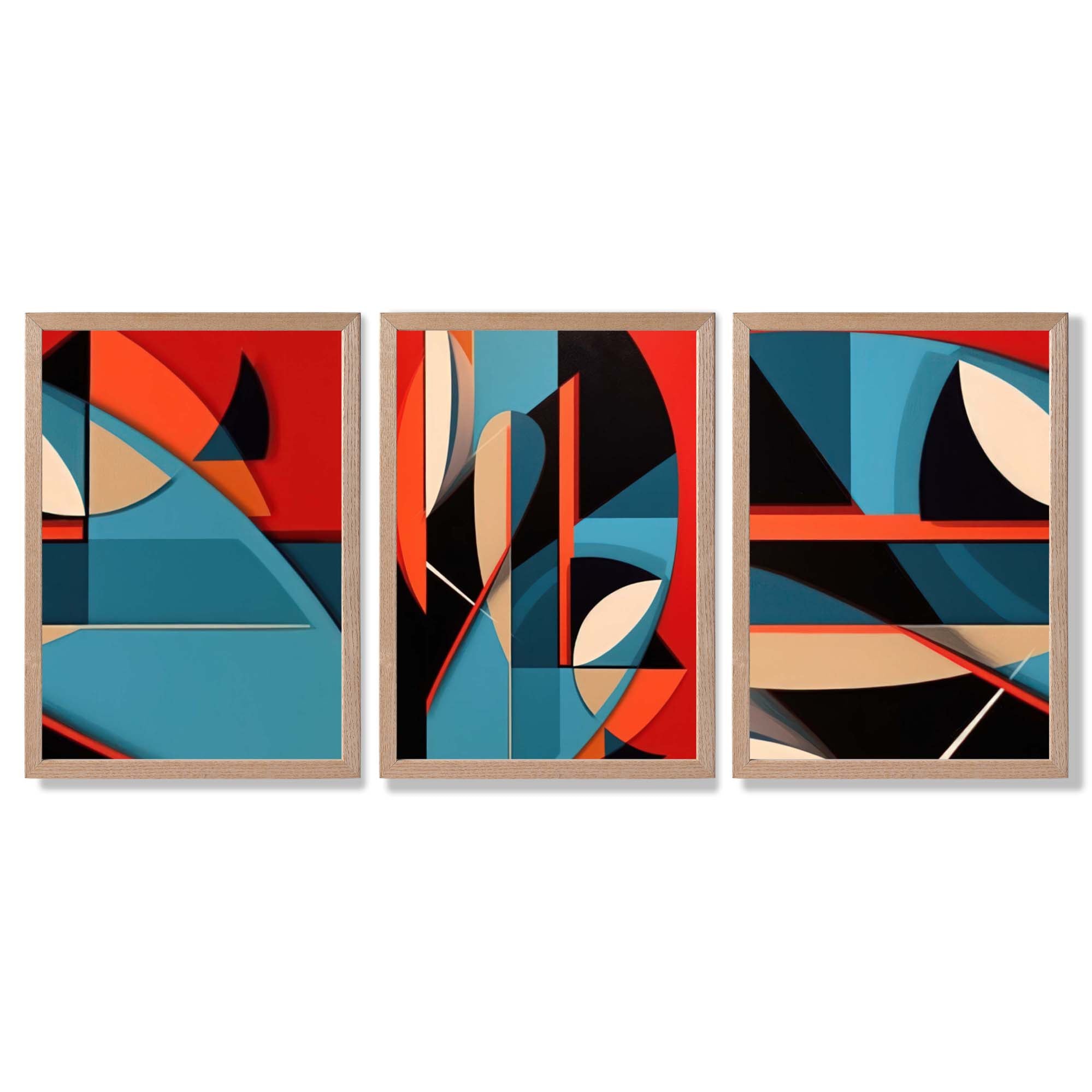 Abstract Cubism Red and Blue Set of 3 Framed Art Prints with Light Oak Frames