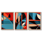 Abstract Cubism Red and Blue Set of 3 Framed Art Prints with Light Oak Frames