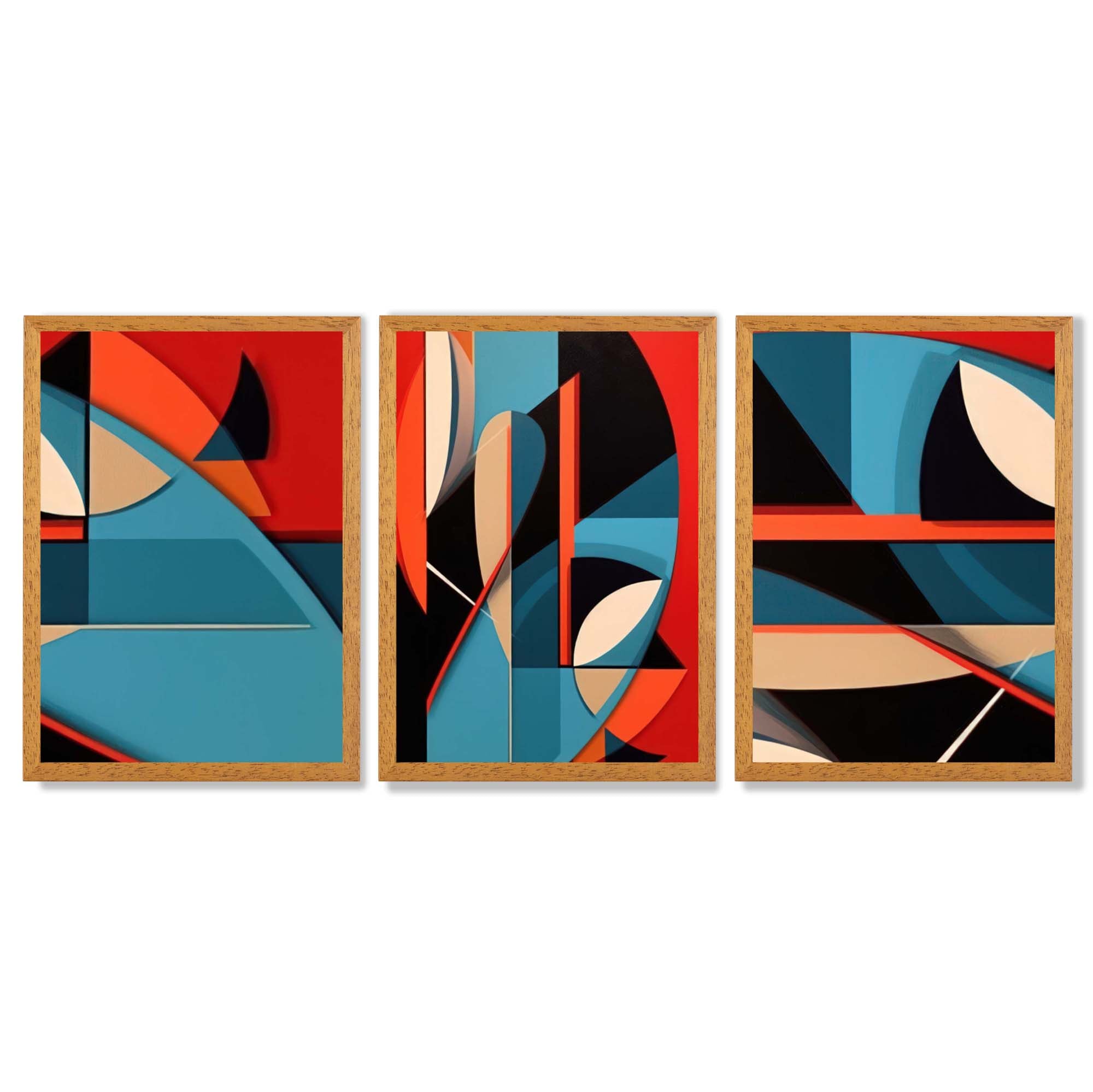 Abstract Cubism Red and Blue Set of 3 Framed Art Prints with Oak Wooden Frames