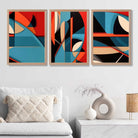 Abstract Cubism Red and Blue Set of 3 Art Prints in Oak Frames | Artze UK