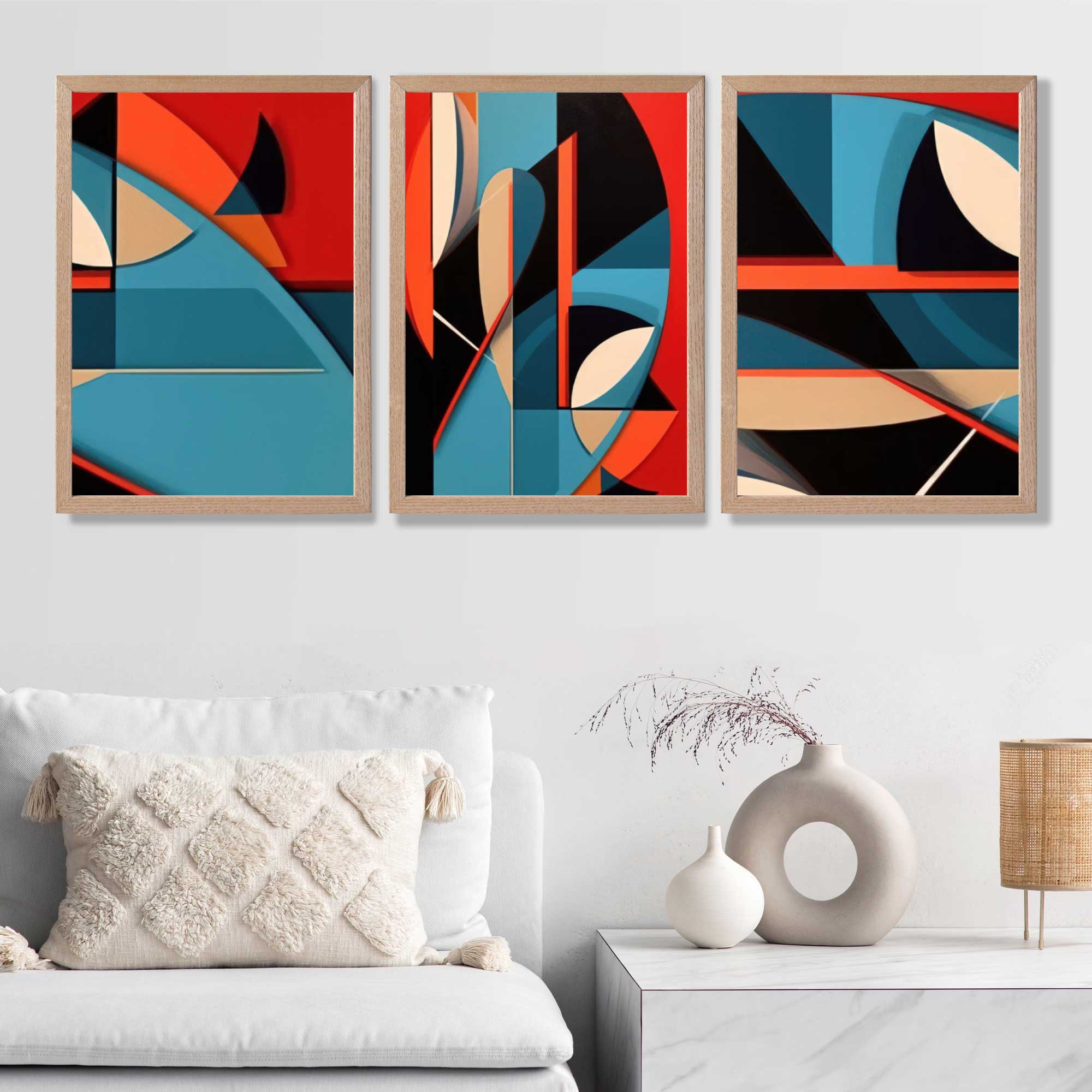 Abstract Cubism Red and Blue Set of 3 Art Prints in Oak Frames | Artze UK
