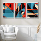 Abstract Cubism Red and Blue Set of 3 Art Prints in White Frames | Artze UK