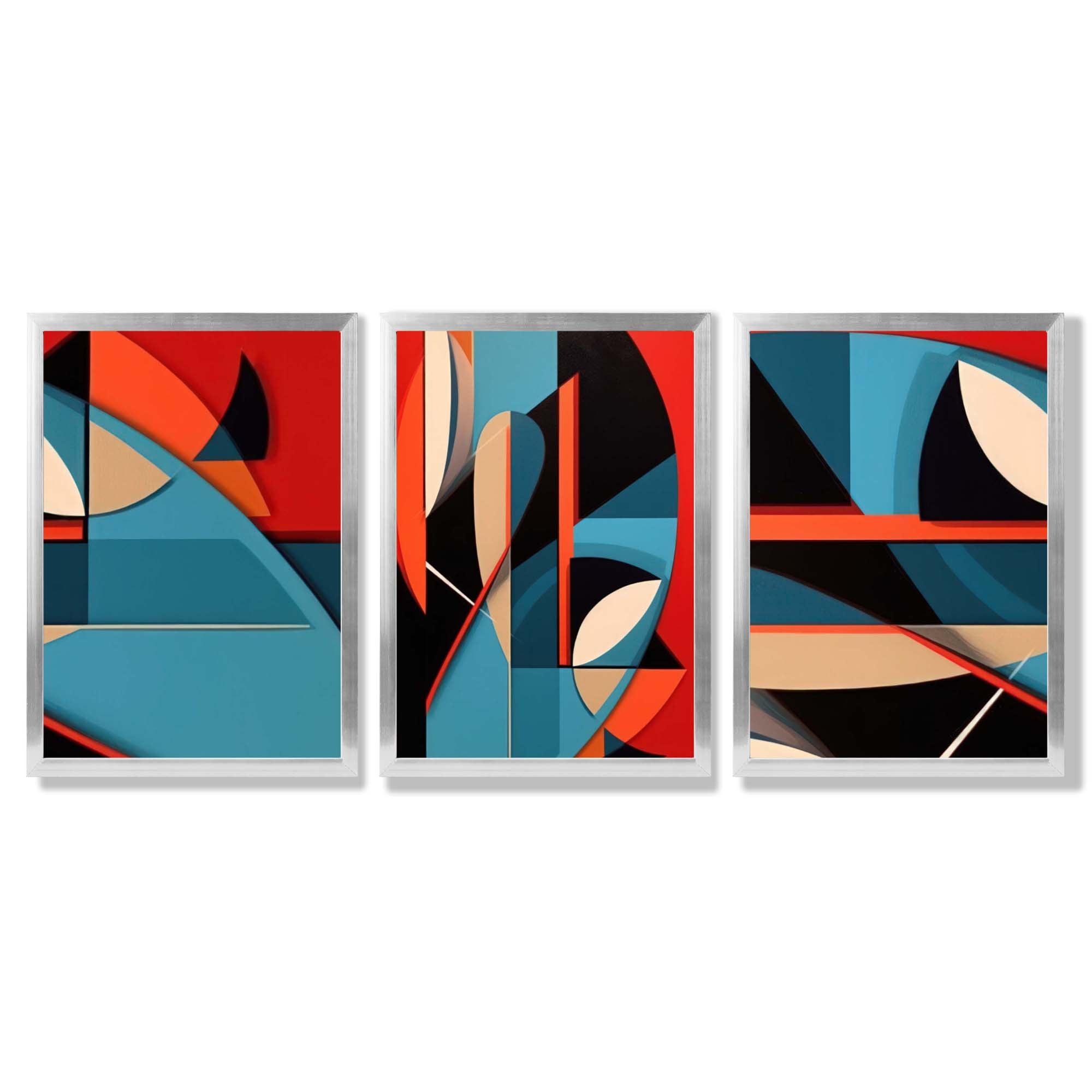 Abstract Cubism Red and Blue Set of 3 Framed Art Prints with Silver Wood Frames