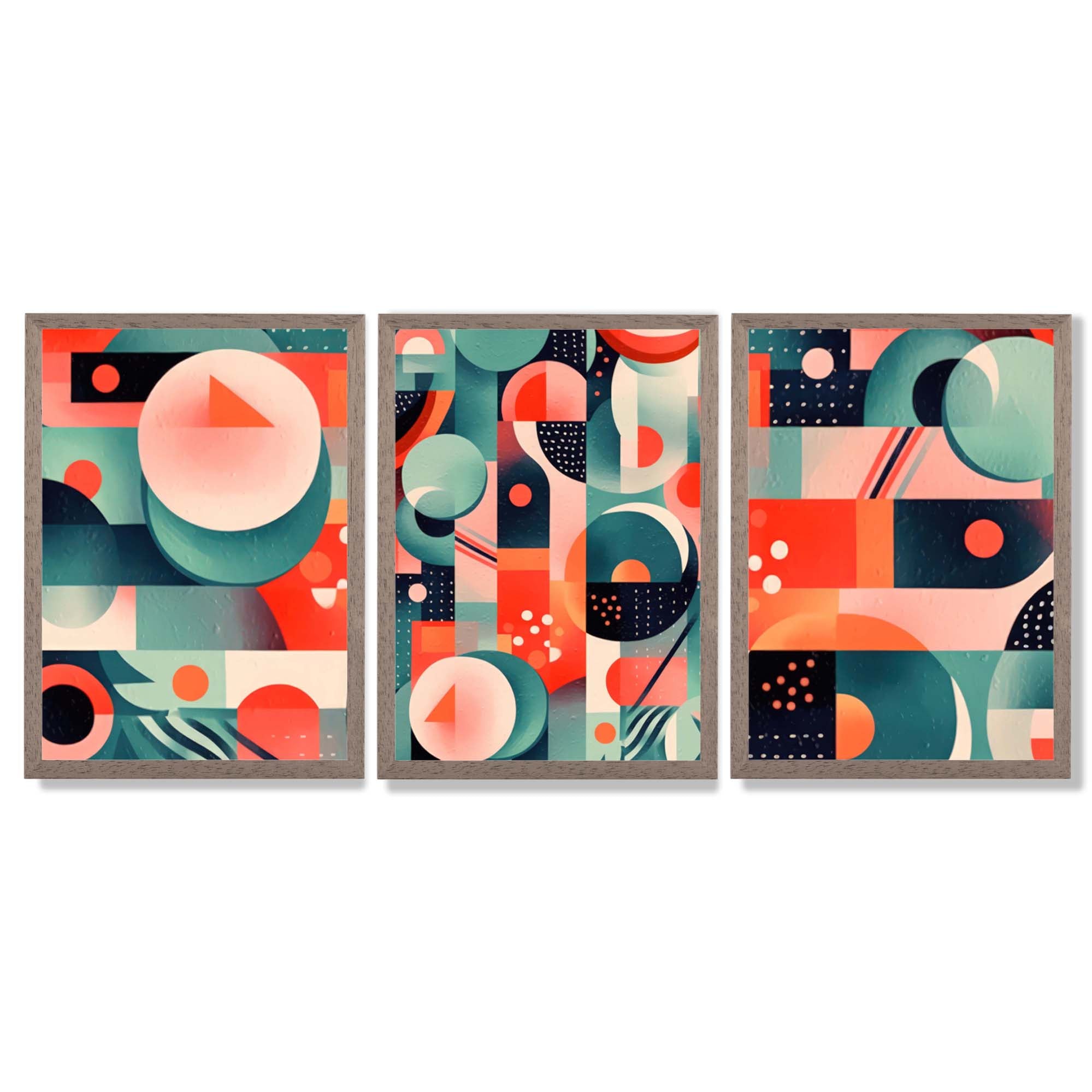 Abstract Cubism Green and Pink Set of 3 Framed Art Prints with Light Walnut Frames