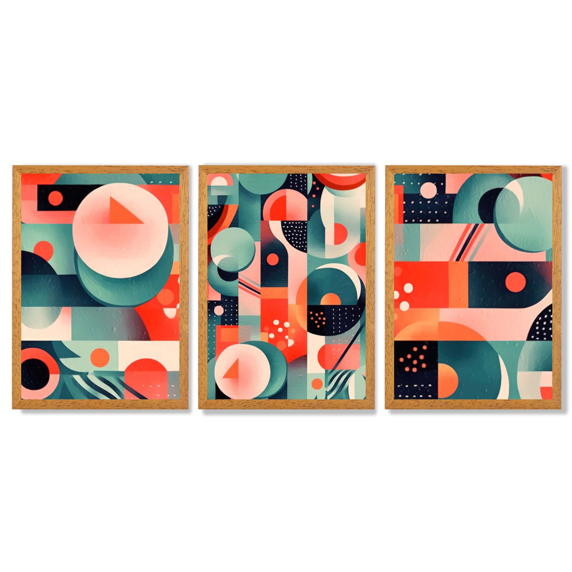 Abstract Cubism Green and Pink Set of 3 Framed Art Prints with Oak Wooden Frames