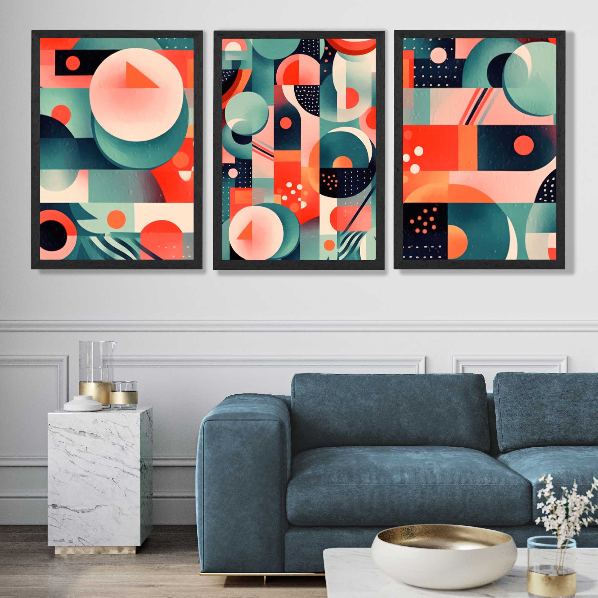 Abstract Cubism Green and Pink Set of 3 Art Prints in Black Frames | Artze UK